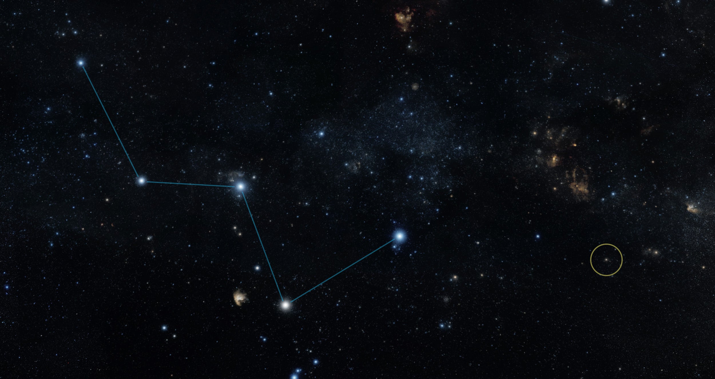 This sky map shows HD 219134b's star circled in yellow. It is visible from Earth, and lies just next to the Cassiopeia constellation.