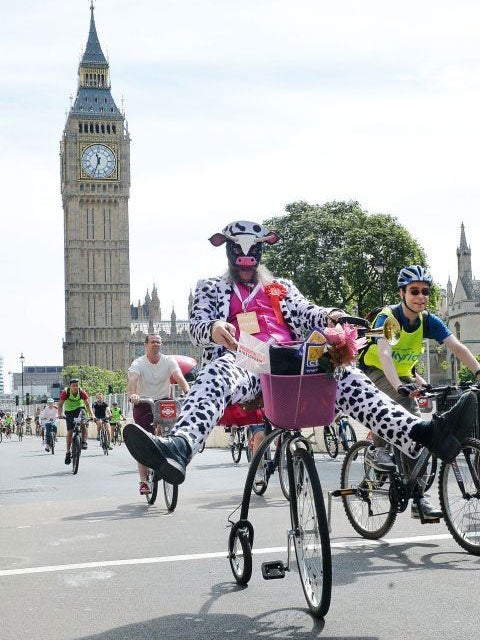 Cyclists during the FreeCycle fun ride in Westminster, London, part of the Prudential RideLondon weekend.