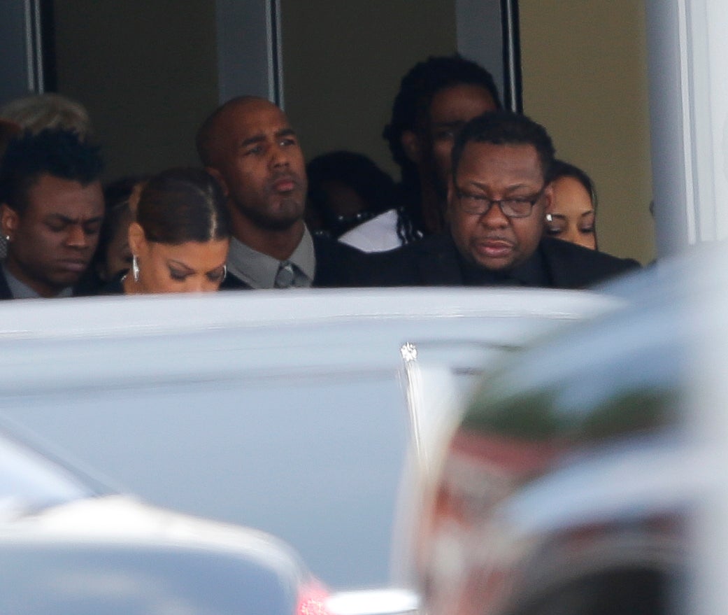 Bobbi Brown and family members leave the memorial service for his daughter