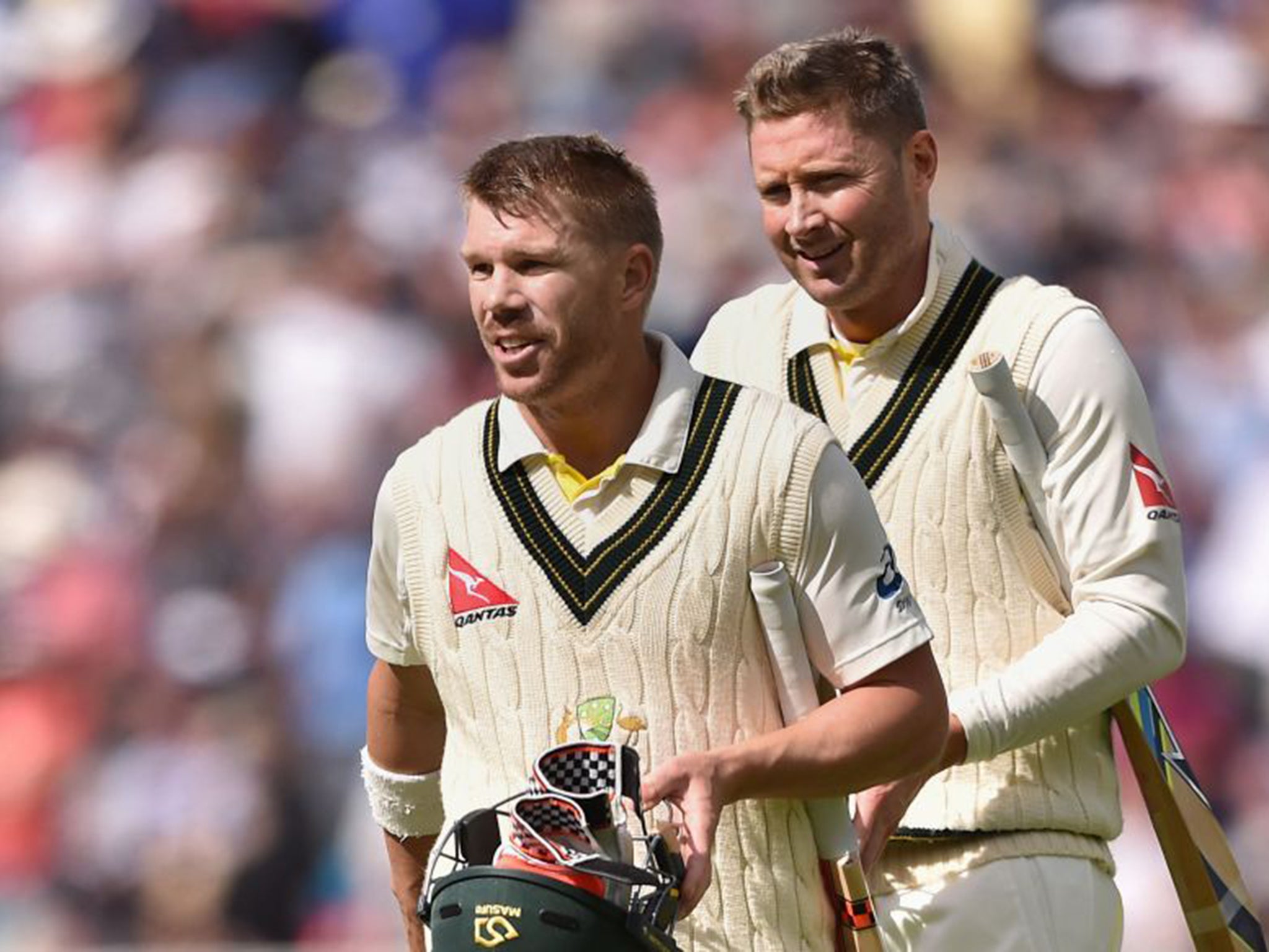 Australia batsman David Warner with former captain Michael Clarke