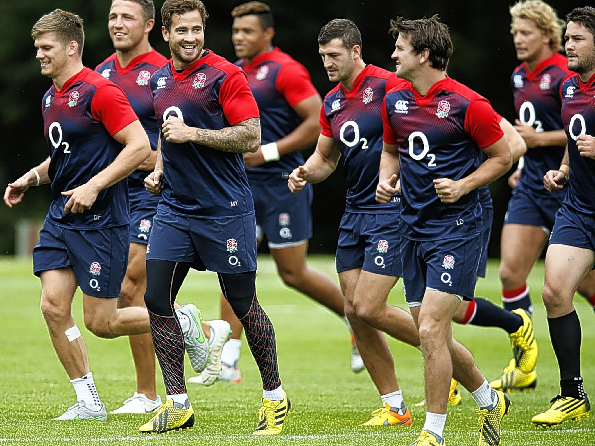 Jonny May (fifth from left) trains with other England World Cup squad members at Pennyhill Park yesterday