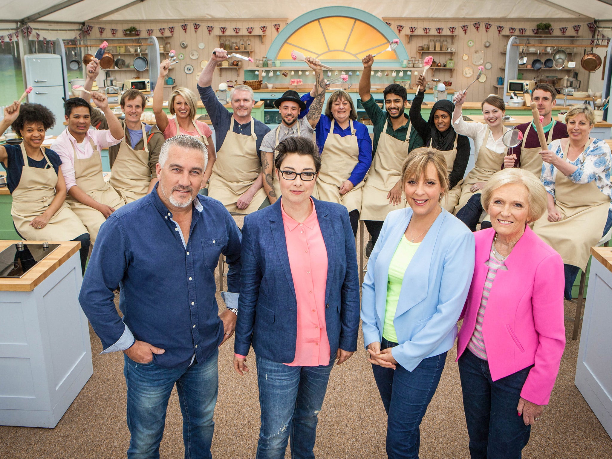 Paul, Sue, Mel and Mary with the latest batch of ‘Bake Off’ contestants