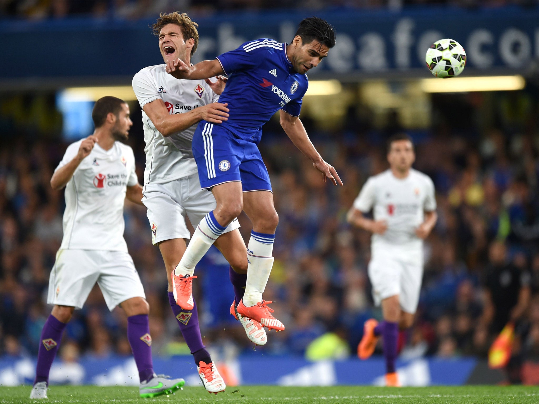 Chelsea’s new loan signing Radamel Falcao jumps for the ball with Marcos Alonso in Wednesday night’s 1-0 home defeat to Fiorentina