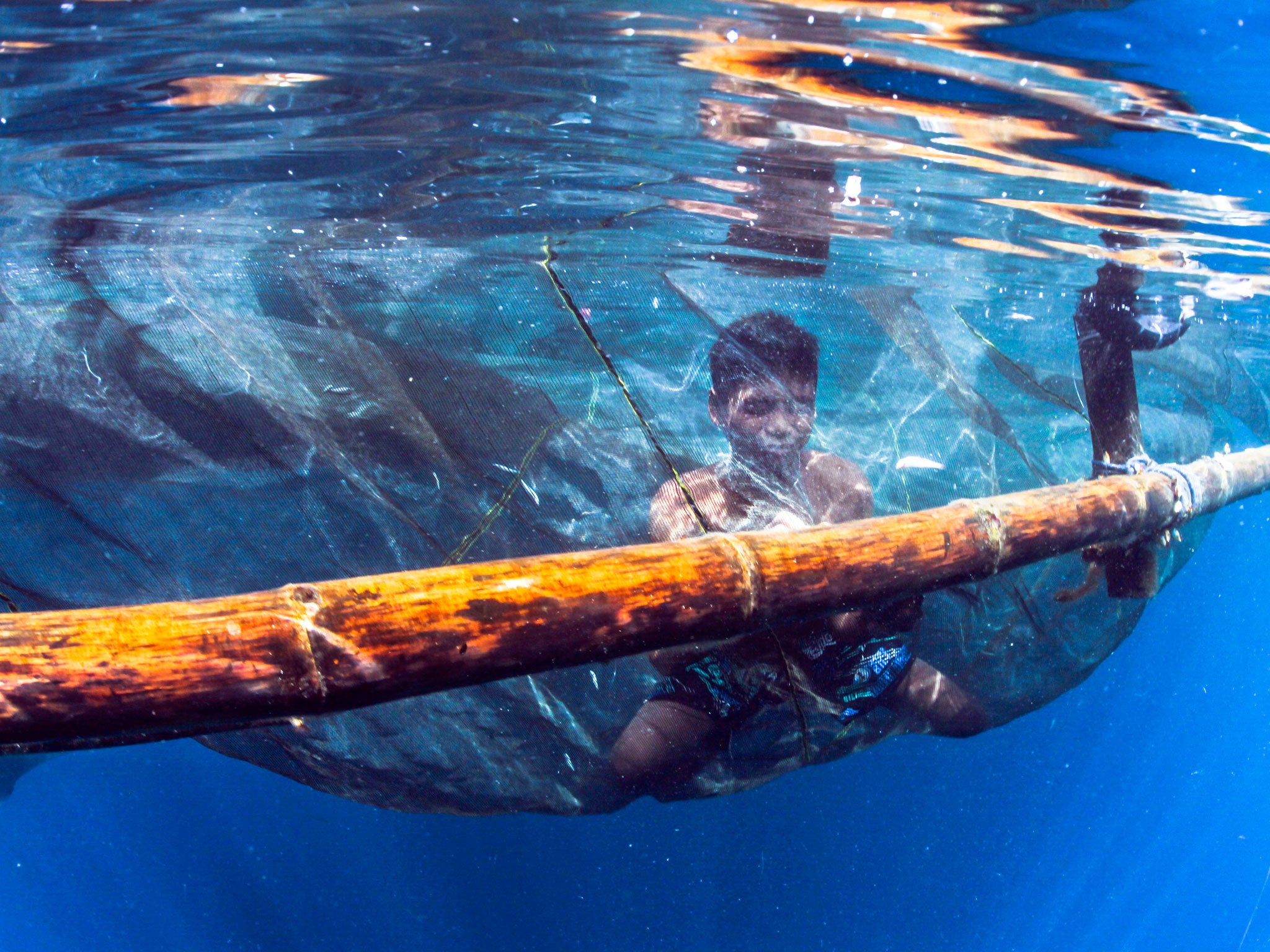 A boy in a fishing net bubble, Cenderawasih Bay, Indonesia