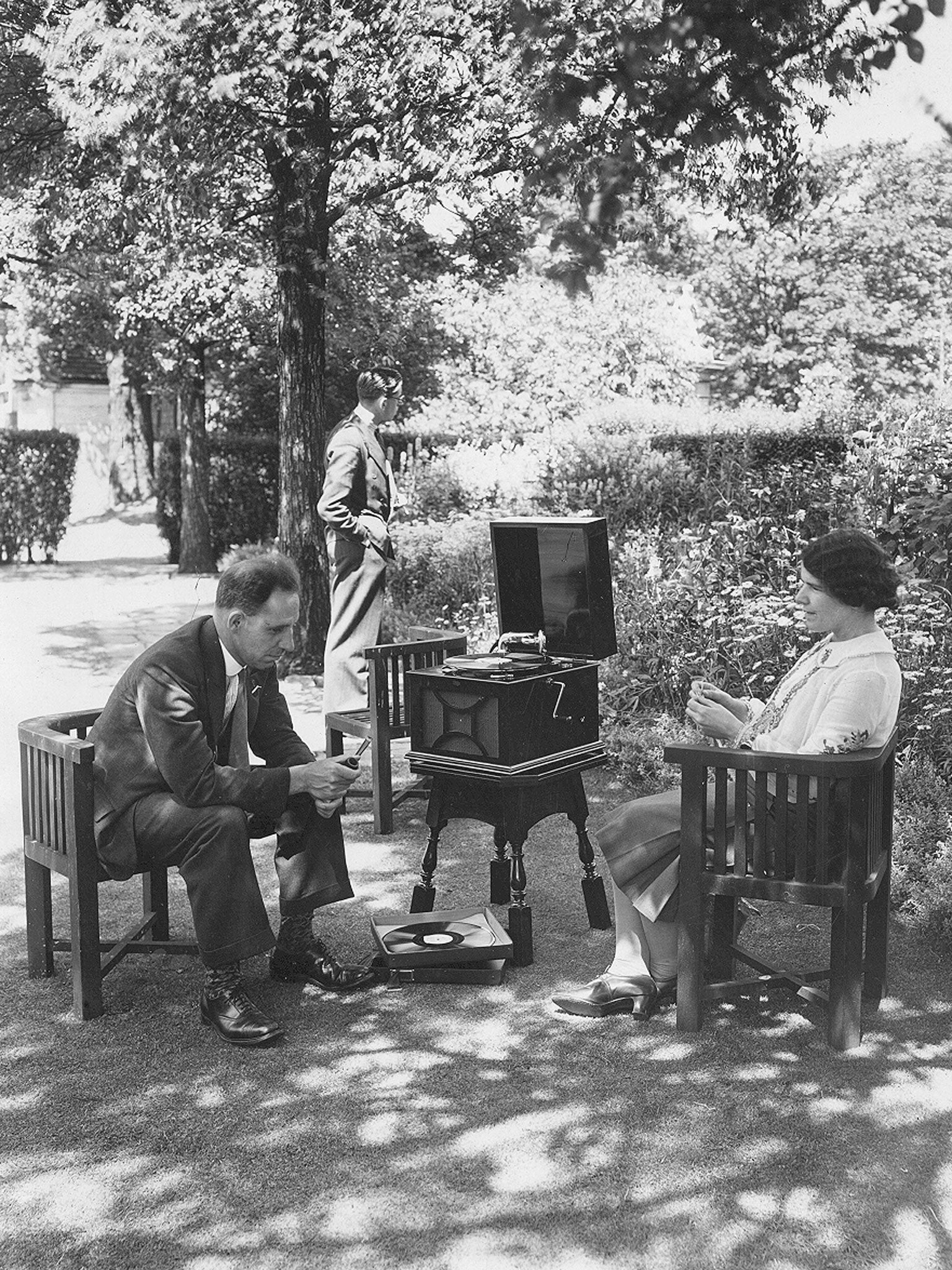 A couple listen to a St Dunstan's Talking Books machine