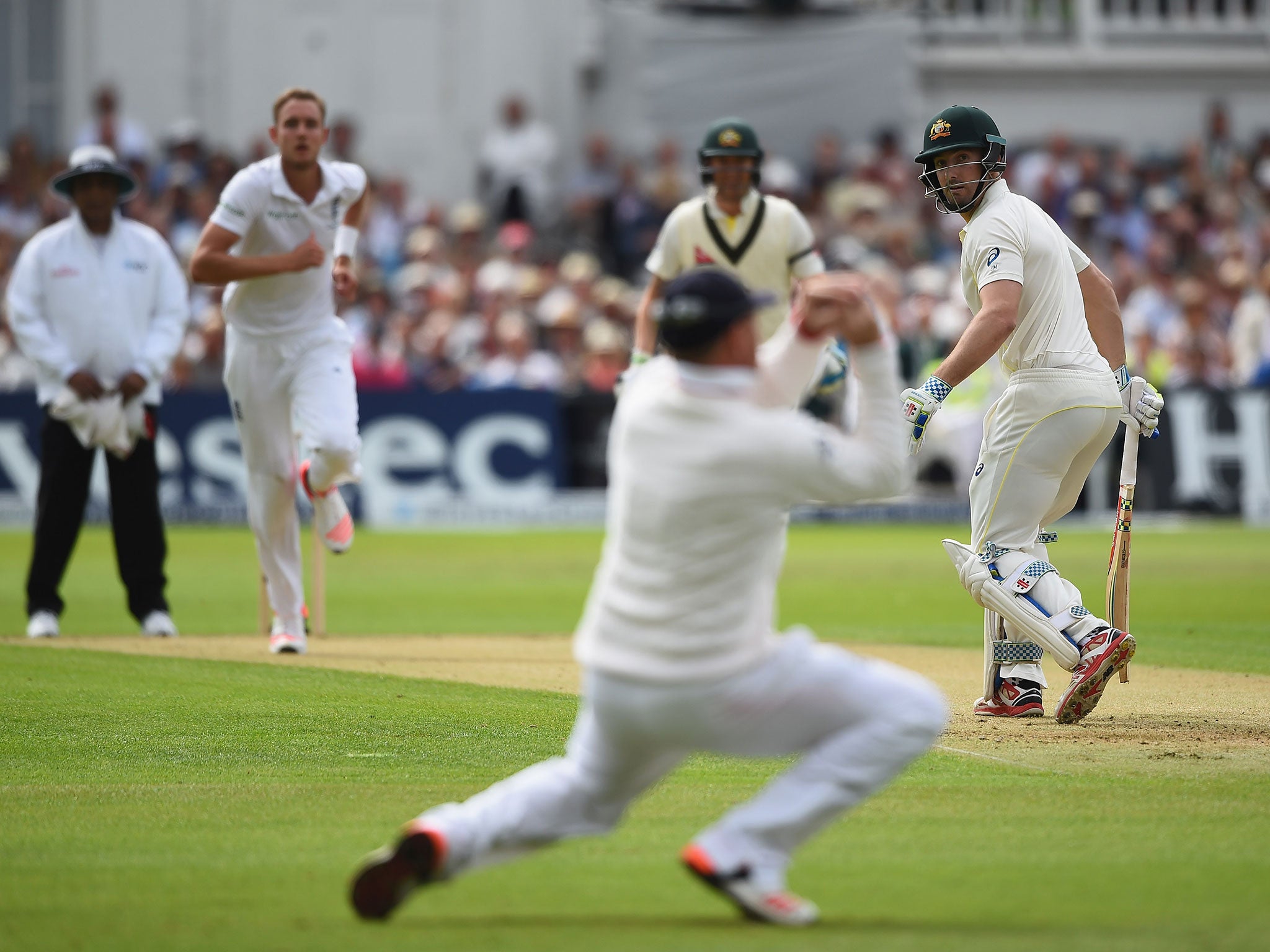 Stuart Broad of England celebrates the wicket of Shaun Marsh