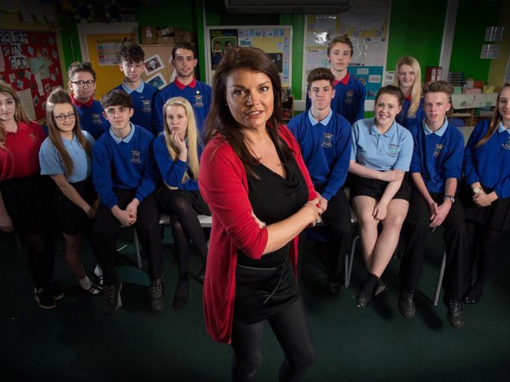 Belgian sexologist Goedele Liekens with pupils at Hollins Technology College in Accrington