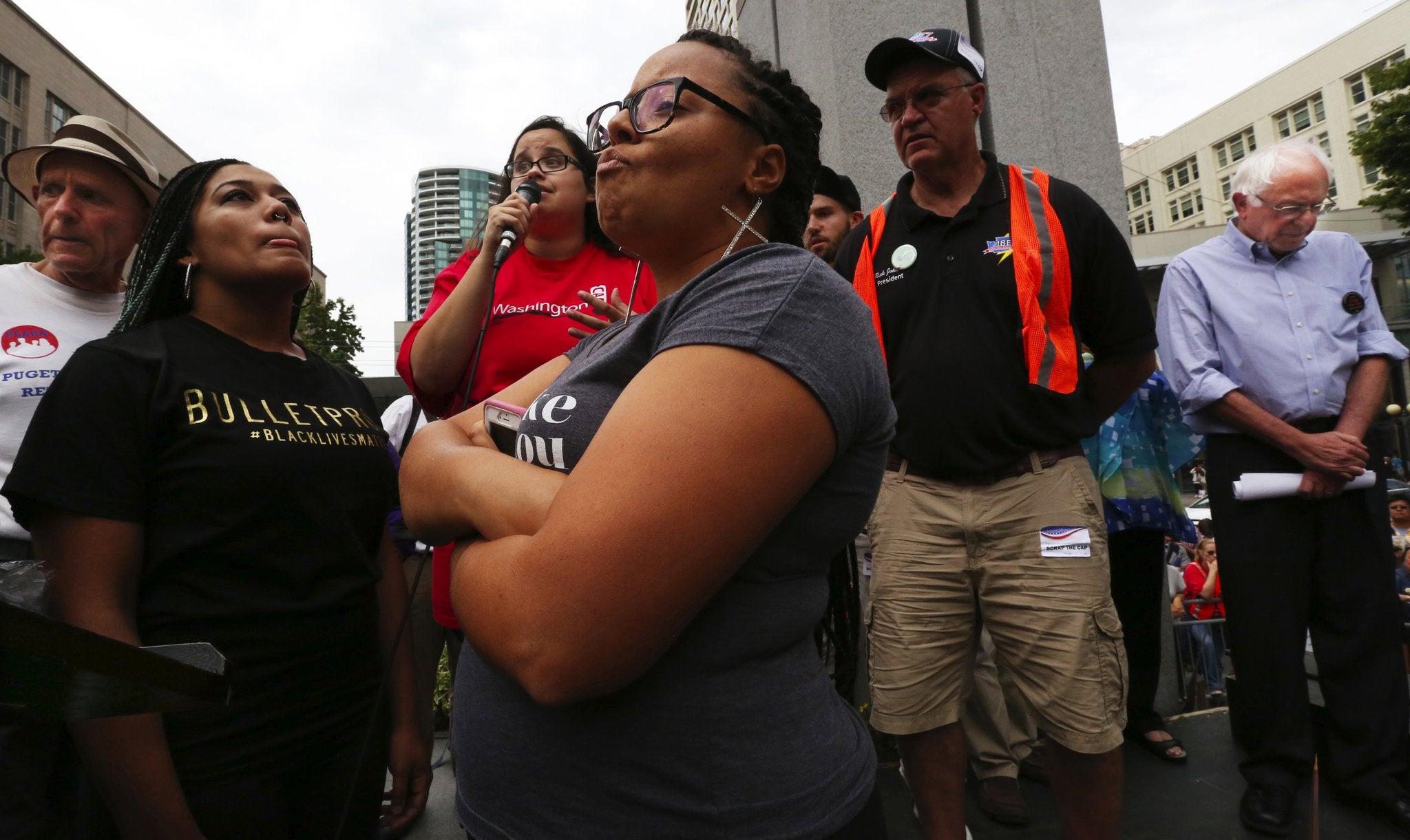 Democratic presidential candidate Bernie Sanders waits to speak after the Seattle stage (Alan Berner/The Seattle Times via AP)