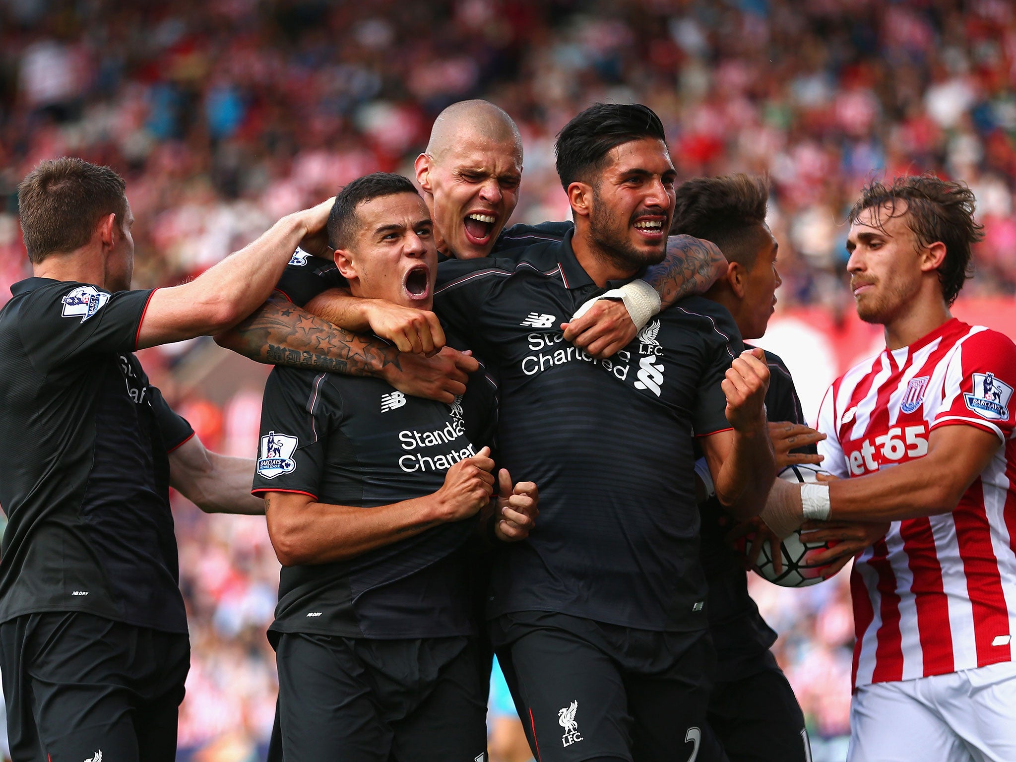 Philippe Coutinho celebrates his stunning goal against Stoke