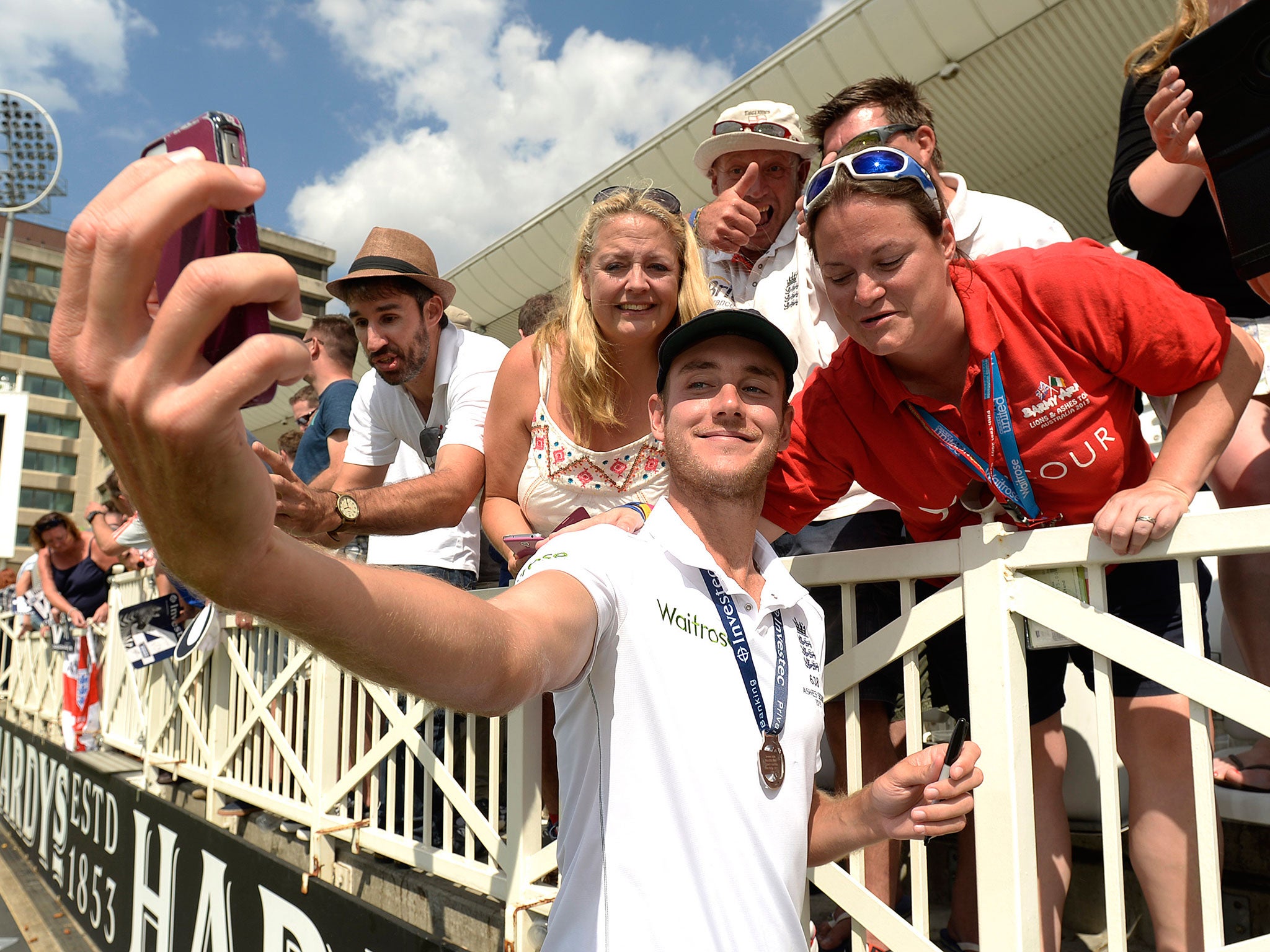 Stuart Broad celebrates with England fans at Trent Bridge