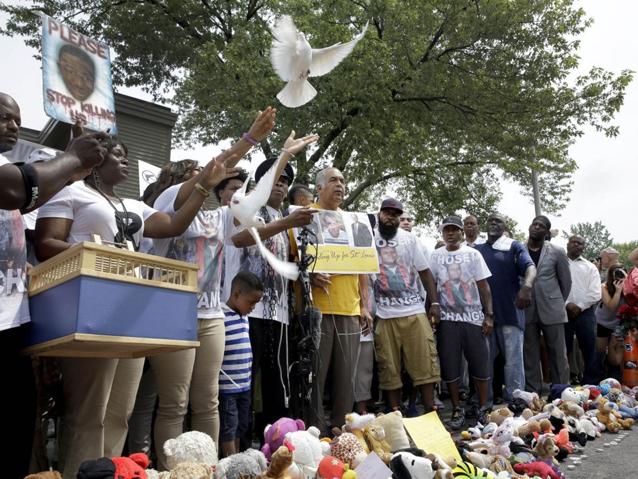 Doves are released to mark the one year anniversary of the death of Michael Brown (Image: AP Photo/Jeff Roberson)