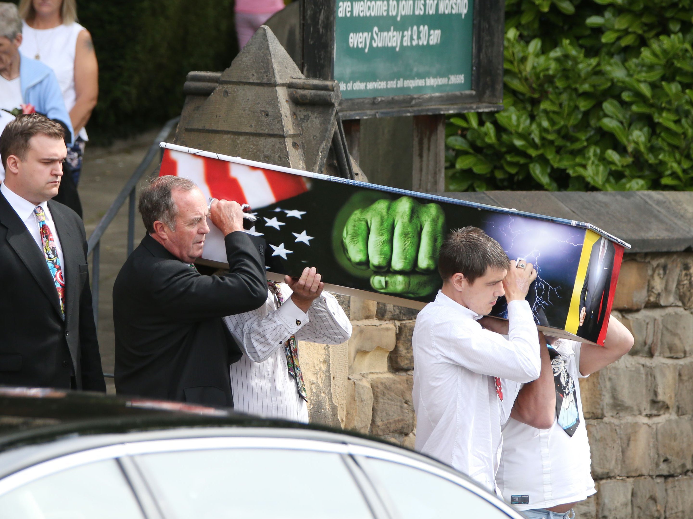 The coffin of seven year old Conley Thompson leaving St Thomas and St James Church in Worsbrough Dale after his funeral took place