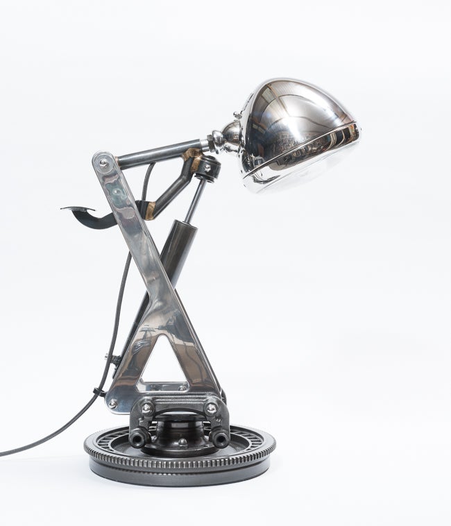 A lamp made from the worn parts of Caterham cars