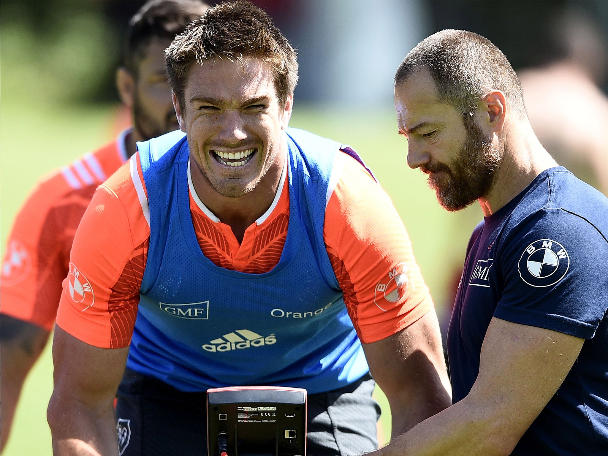 France flanker Bernard Le Roux goes flat out on an exercise bike in training