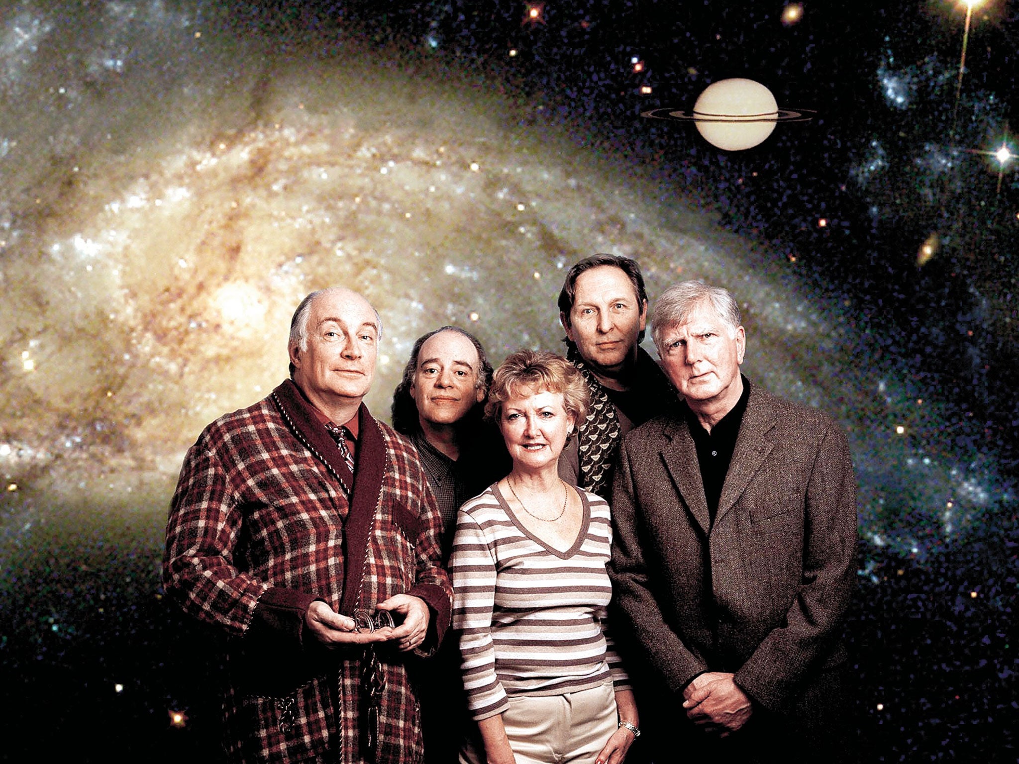 Moore (right) with fellow ‘Hitchhiker’s Guide’ cast members Simon Jones, Geoffrey McGivern, Susan Sheridan and Mark Wing-Davey, in 2004