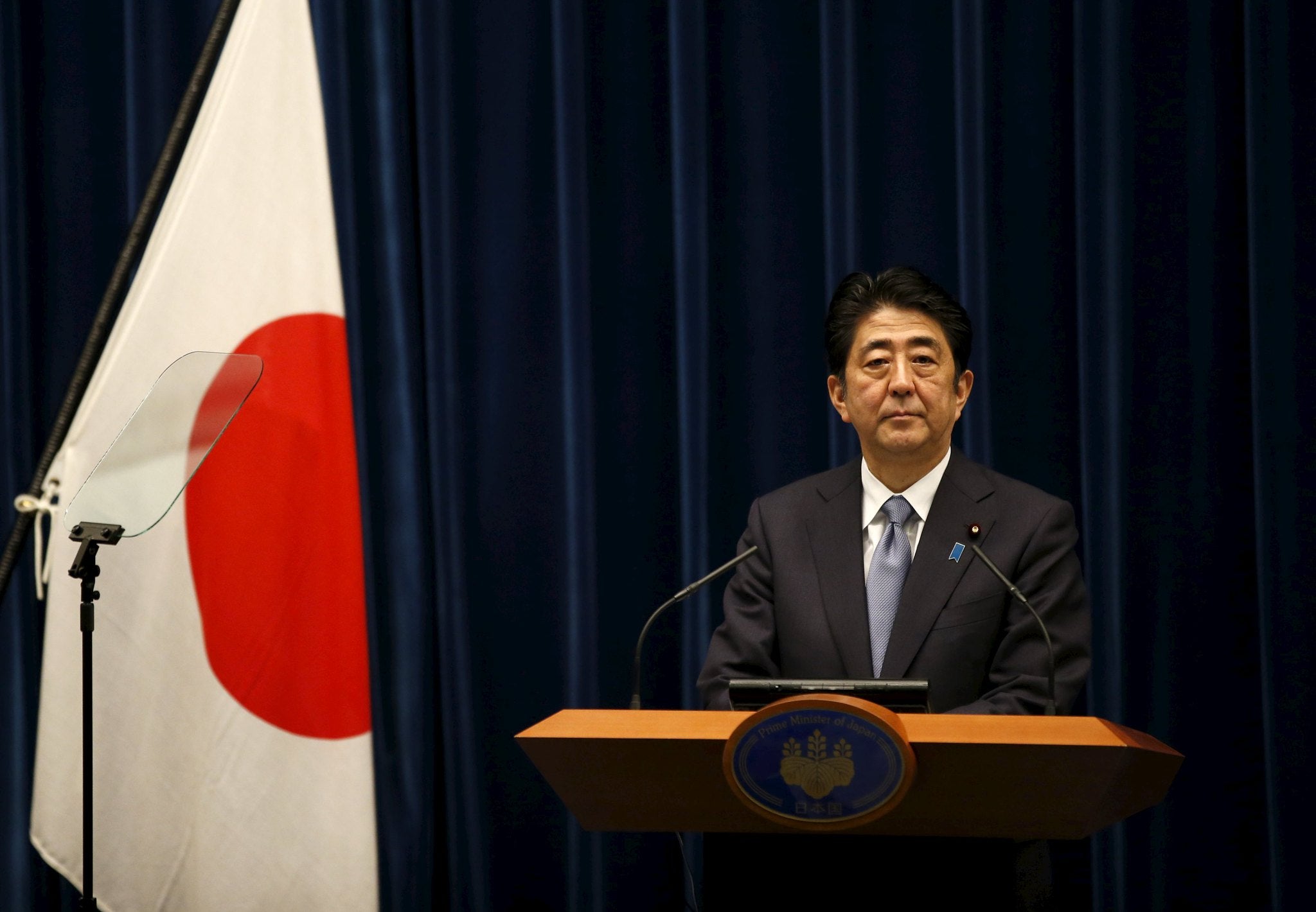 Japan PM Shinzo Abe at news conference marking the 70th anniversary of World War II end (Toru Hanai/Reuters)