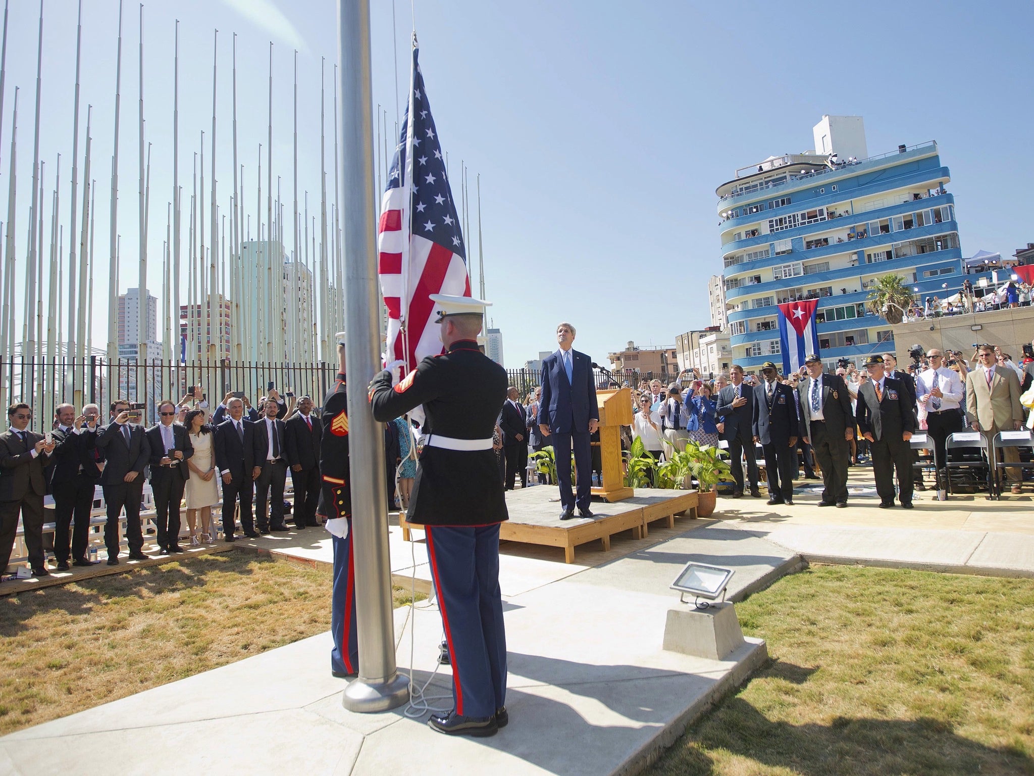 The Stars and Stripes is raised at the US embassy in Cuba