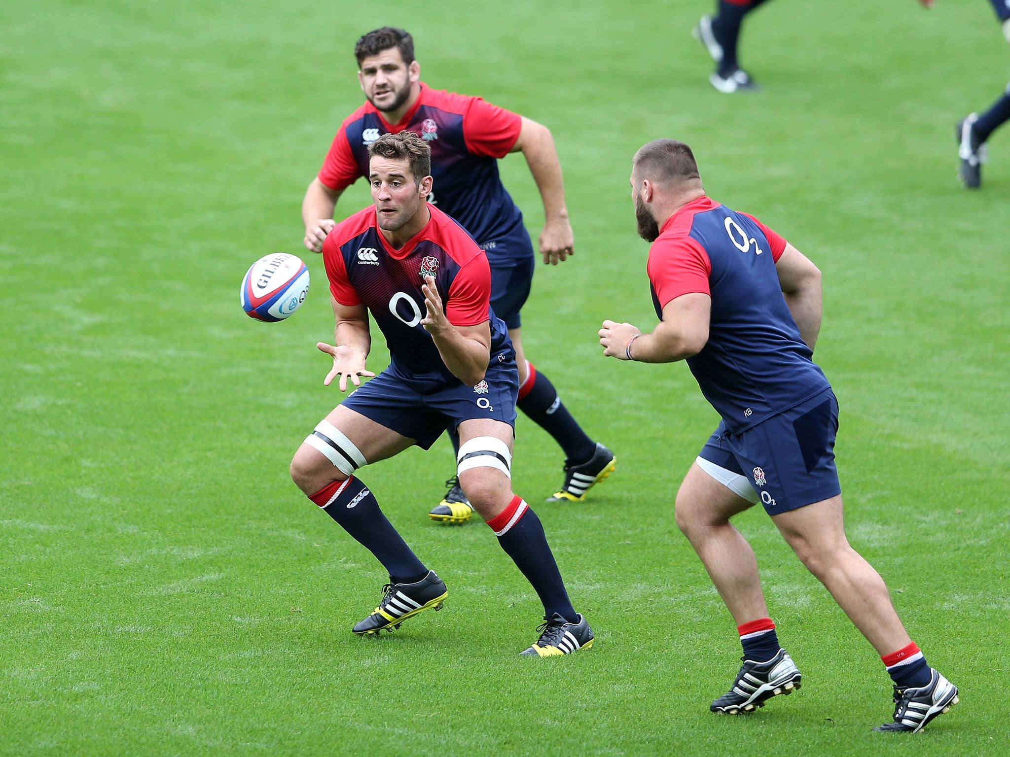 Calum Clark catches the ball during the captain's run at Twickenham on Friday