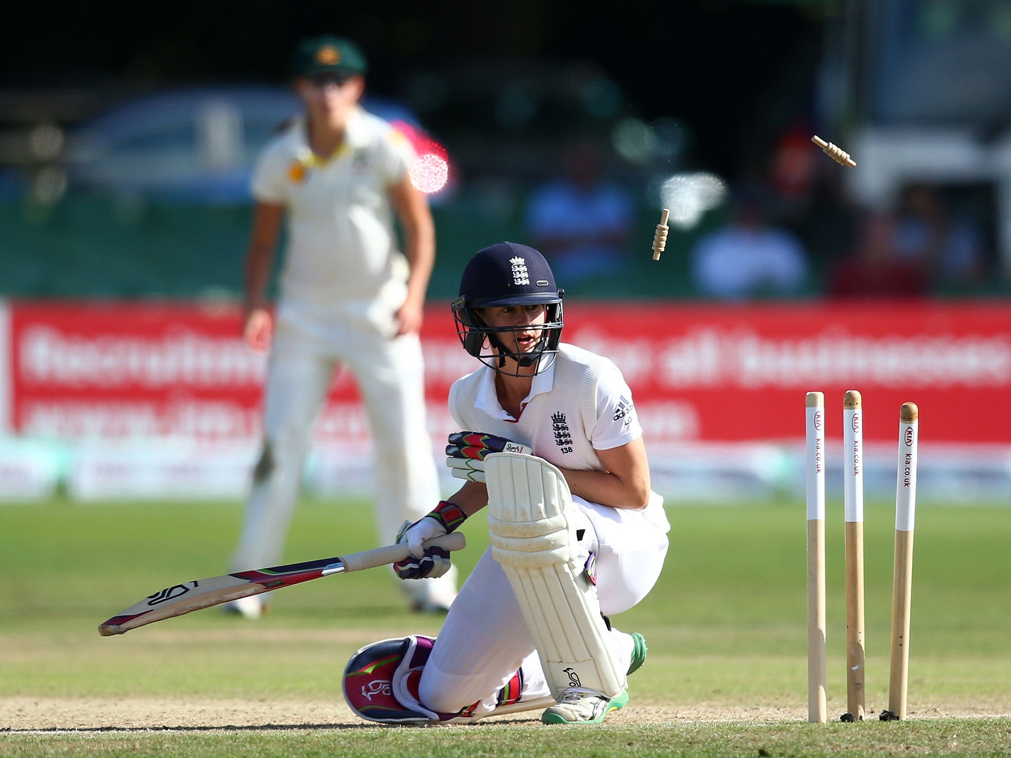 Lydia Greenway misjudges a slower bouncer from Ellyse Perry, ducks and is clean bowled