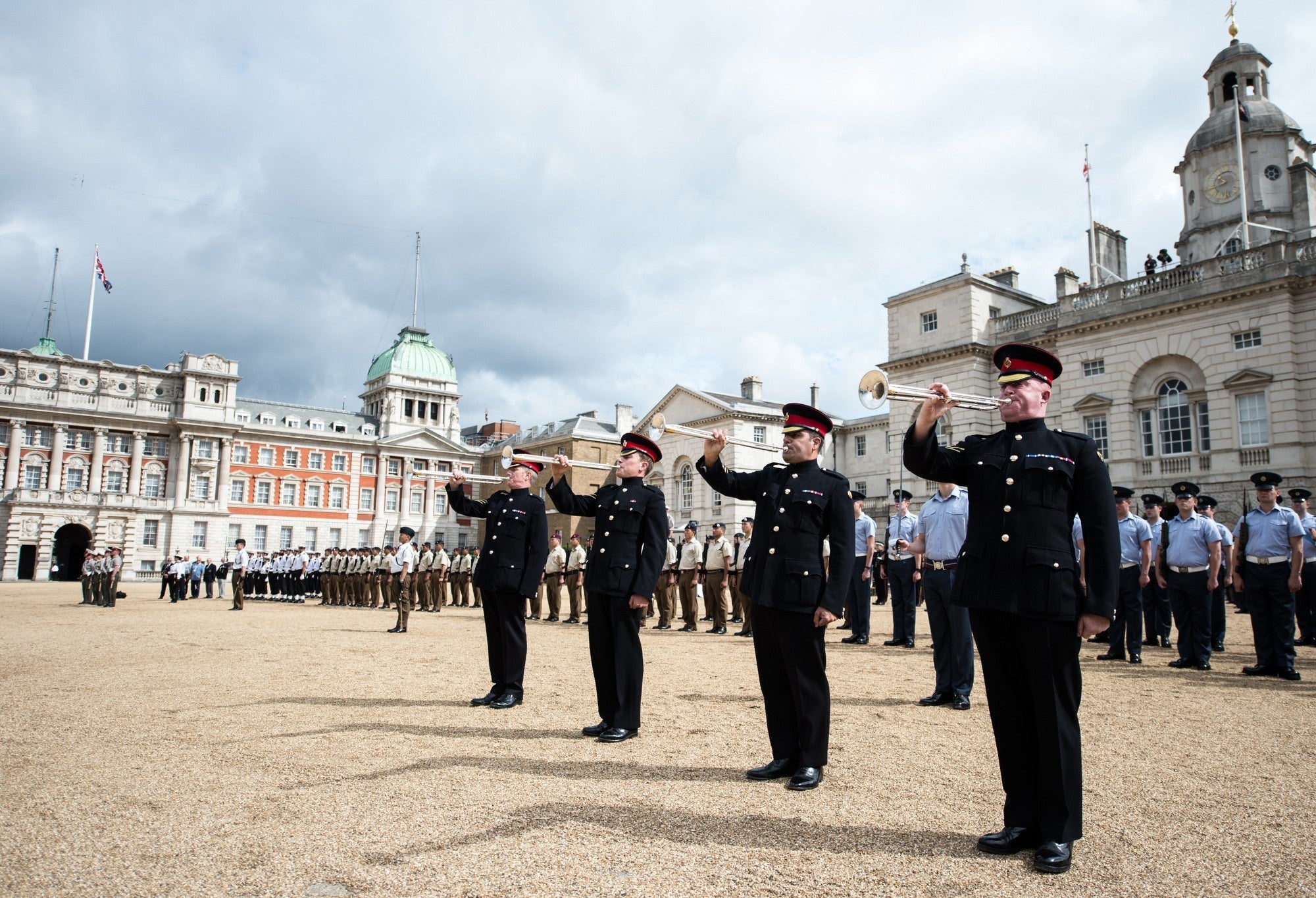 State Trumpeters rehearse in Horse Guards, London