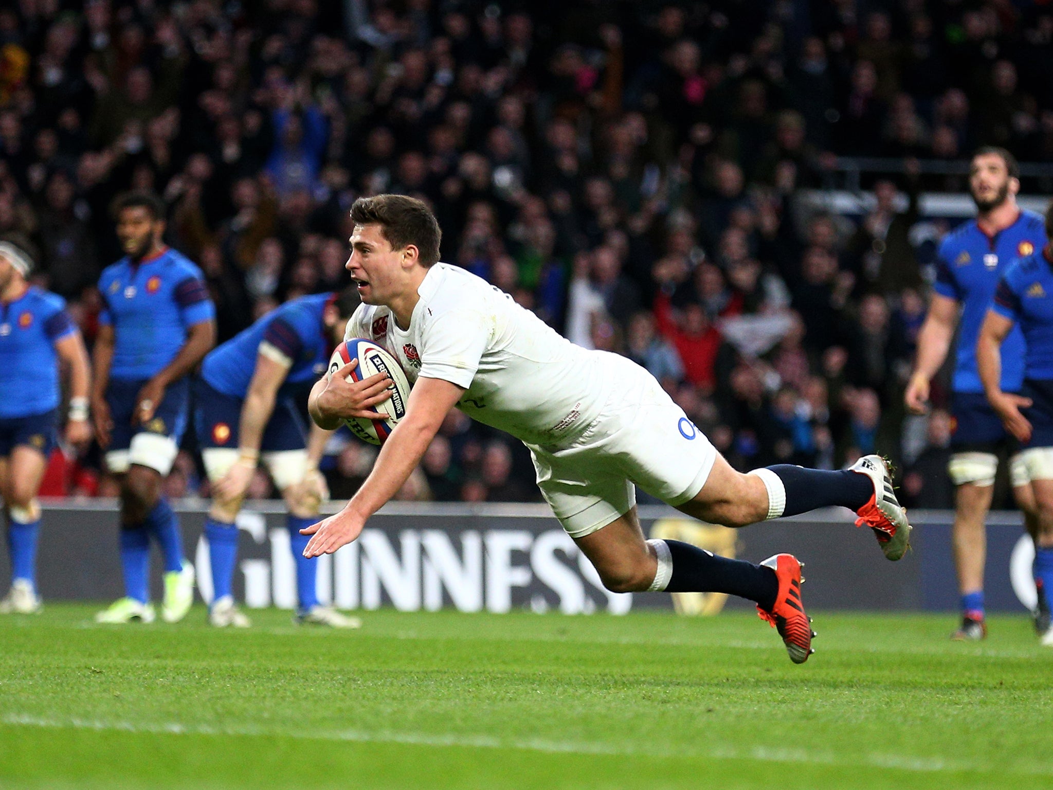 Youngs scores against France in the Six Nations