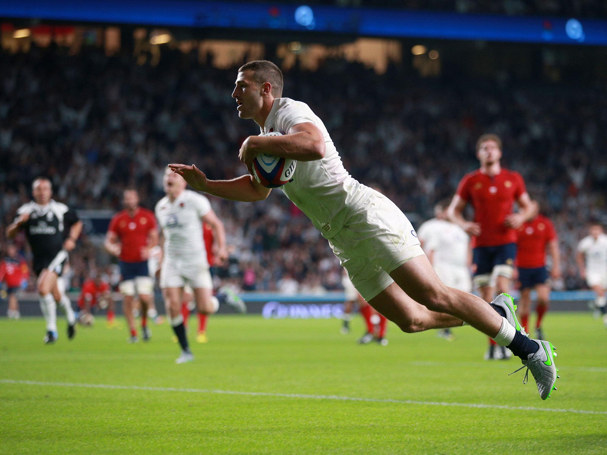 Jonny May scores England’s third and final try at Twickenham