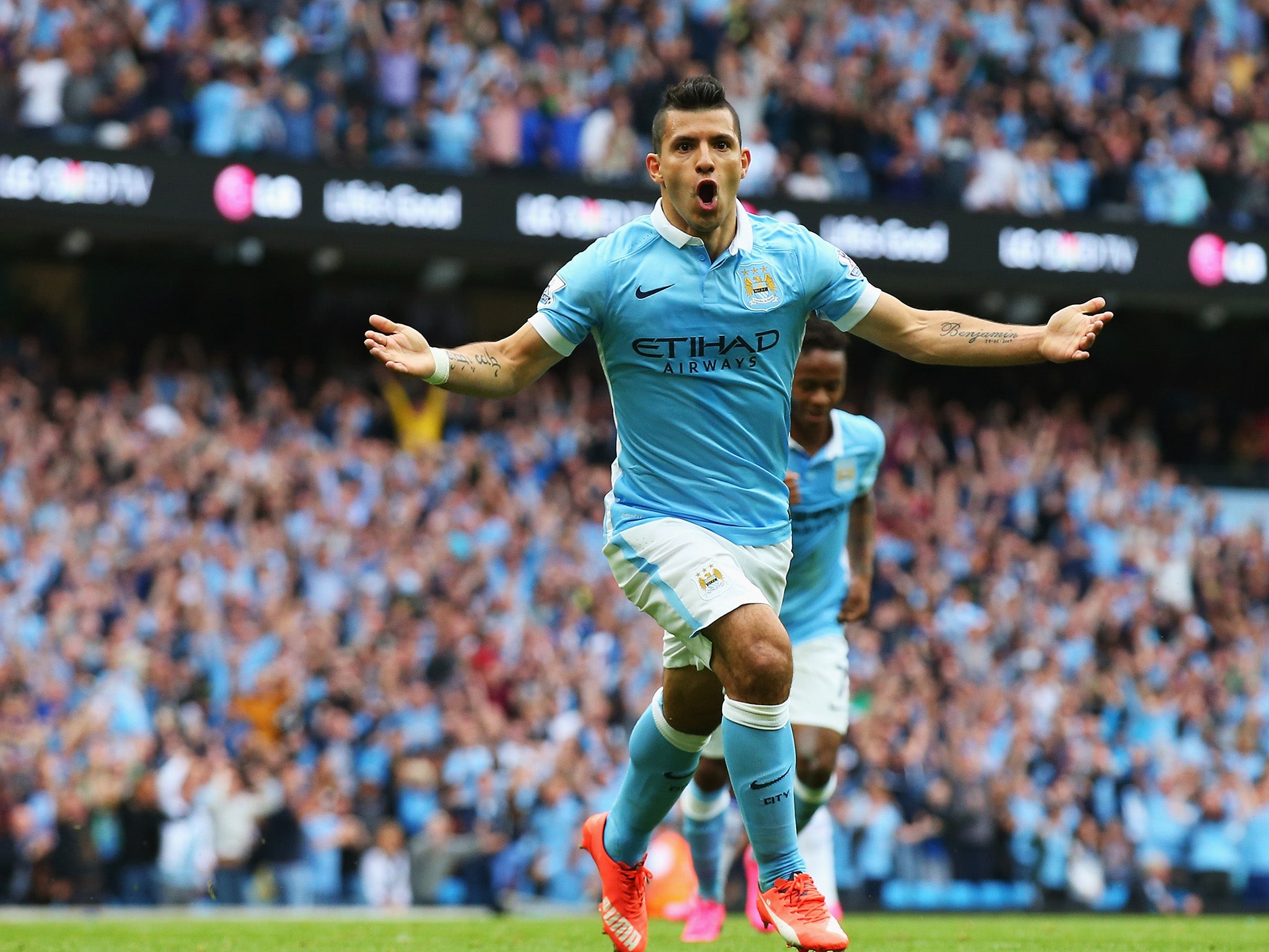 Sergio Aguero celebrates his goal