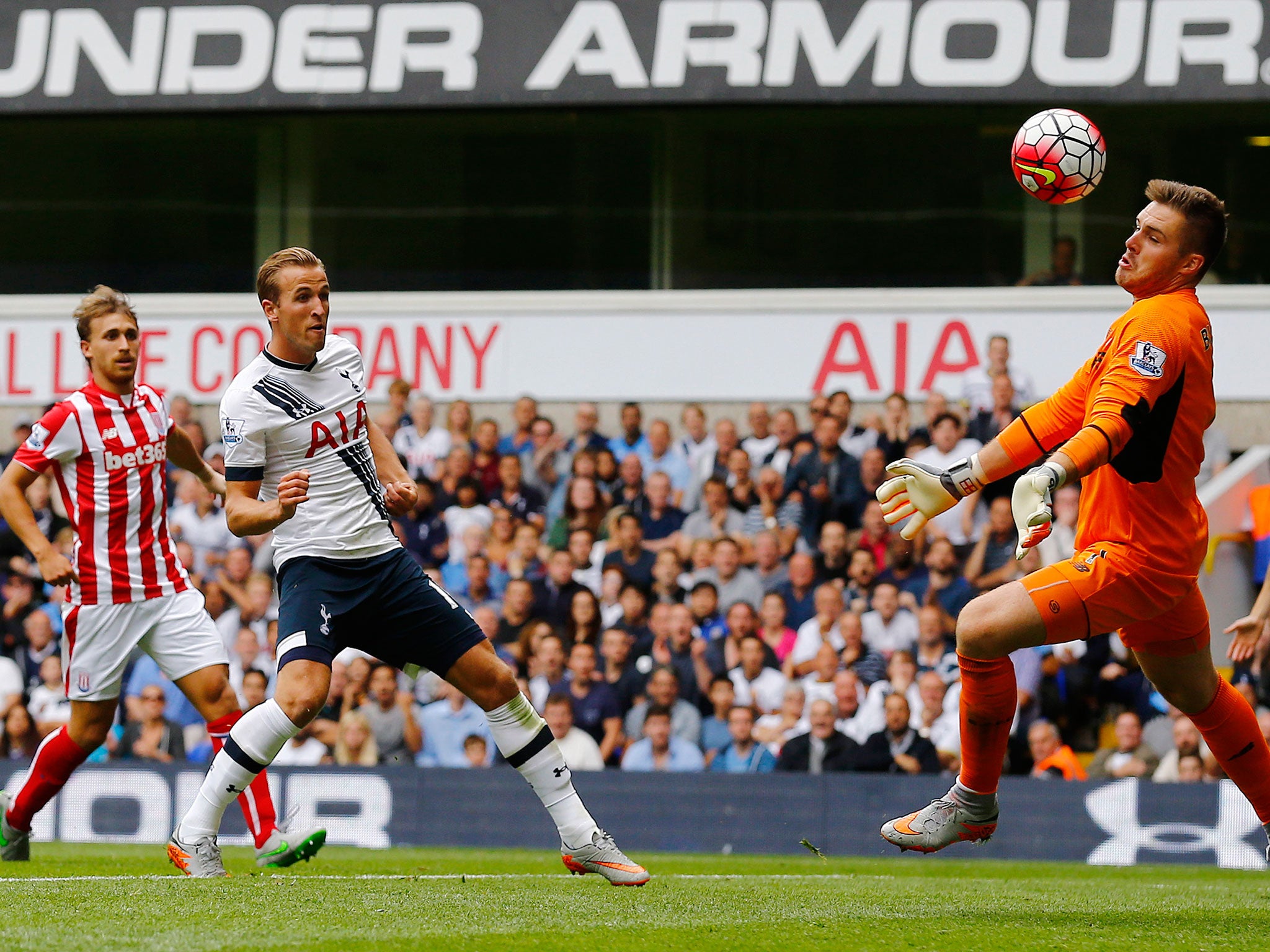 Harry Kane is denied by Stoke goalkeeper Jack Butland