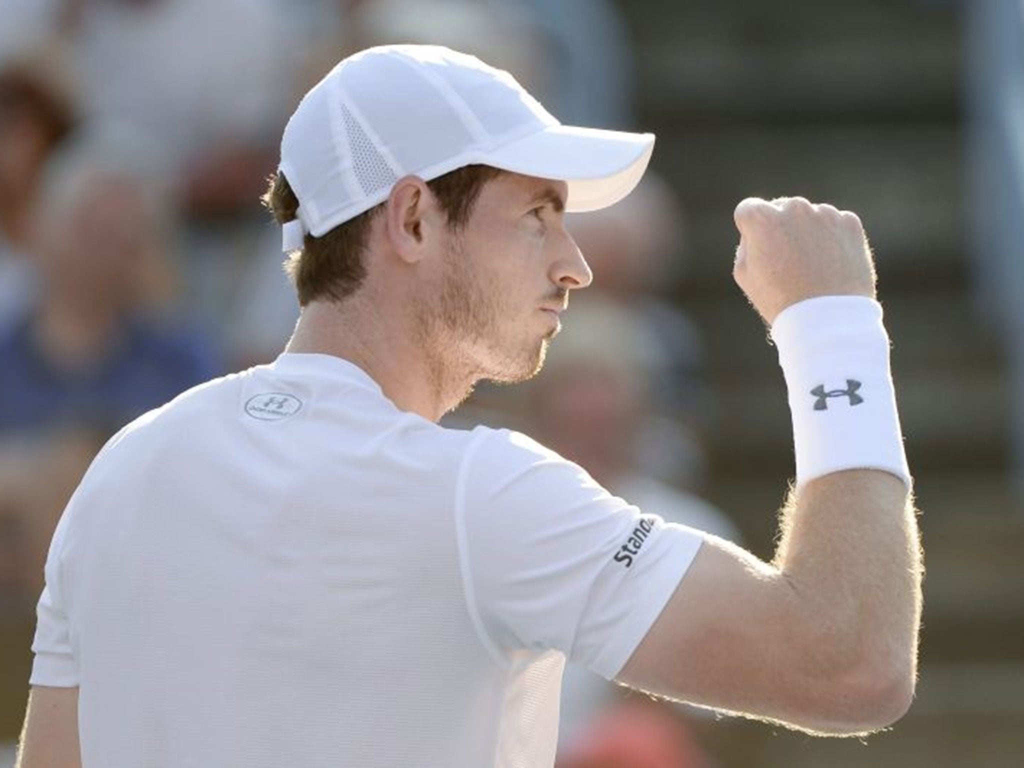 Andy Murray, of Great Britain, reacts during his match against Novak Djokovic in the men's final at the Rogers Cup tennis tournament in Montreal on Sunday, Aug. 16, 2015.