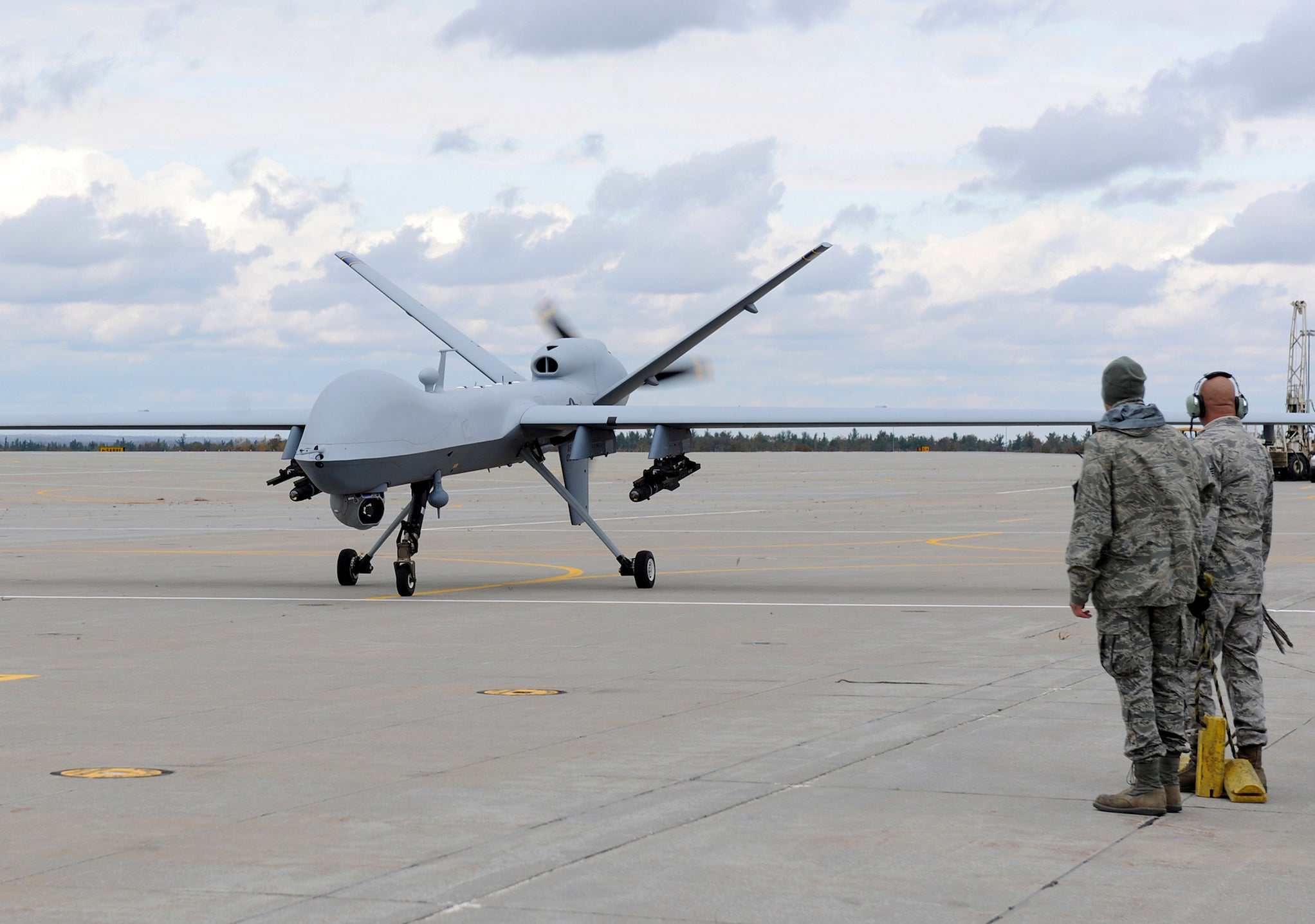 A US Air Force MQ-9 Reaper drone prepares to take off from New York's Wheeler-Sack Army Airfield in 2011.