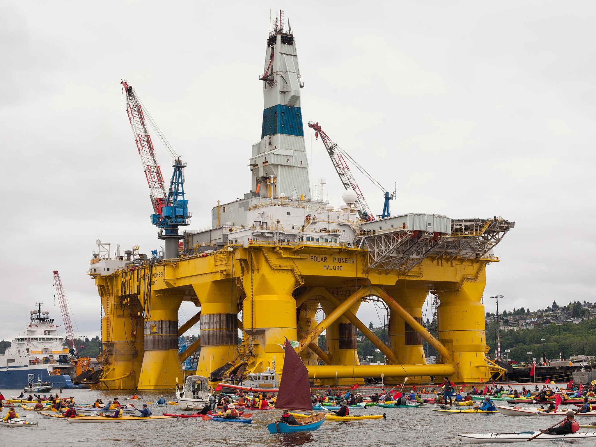 ShellNo flotilla participants shown demonstrating near the Polar Pioneer oil drilling rig