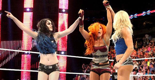 Paige and Charlotte Flair join Becky Lynch in celebration of her victory over Tamina