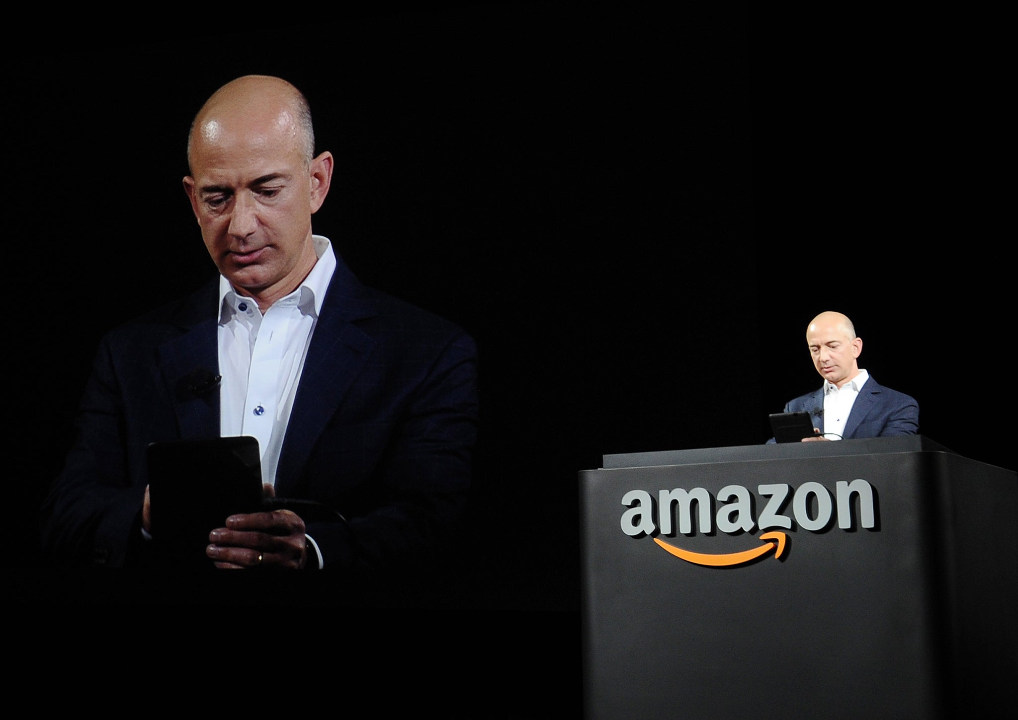 Jeff Bezos, CEO of Amazon, speaks at a press conference in 2012