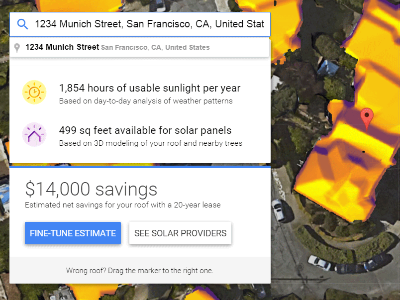 Project Sunroof shows users the levels of light and shade on their roof, and tells them how much they would save with solar power