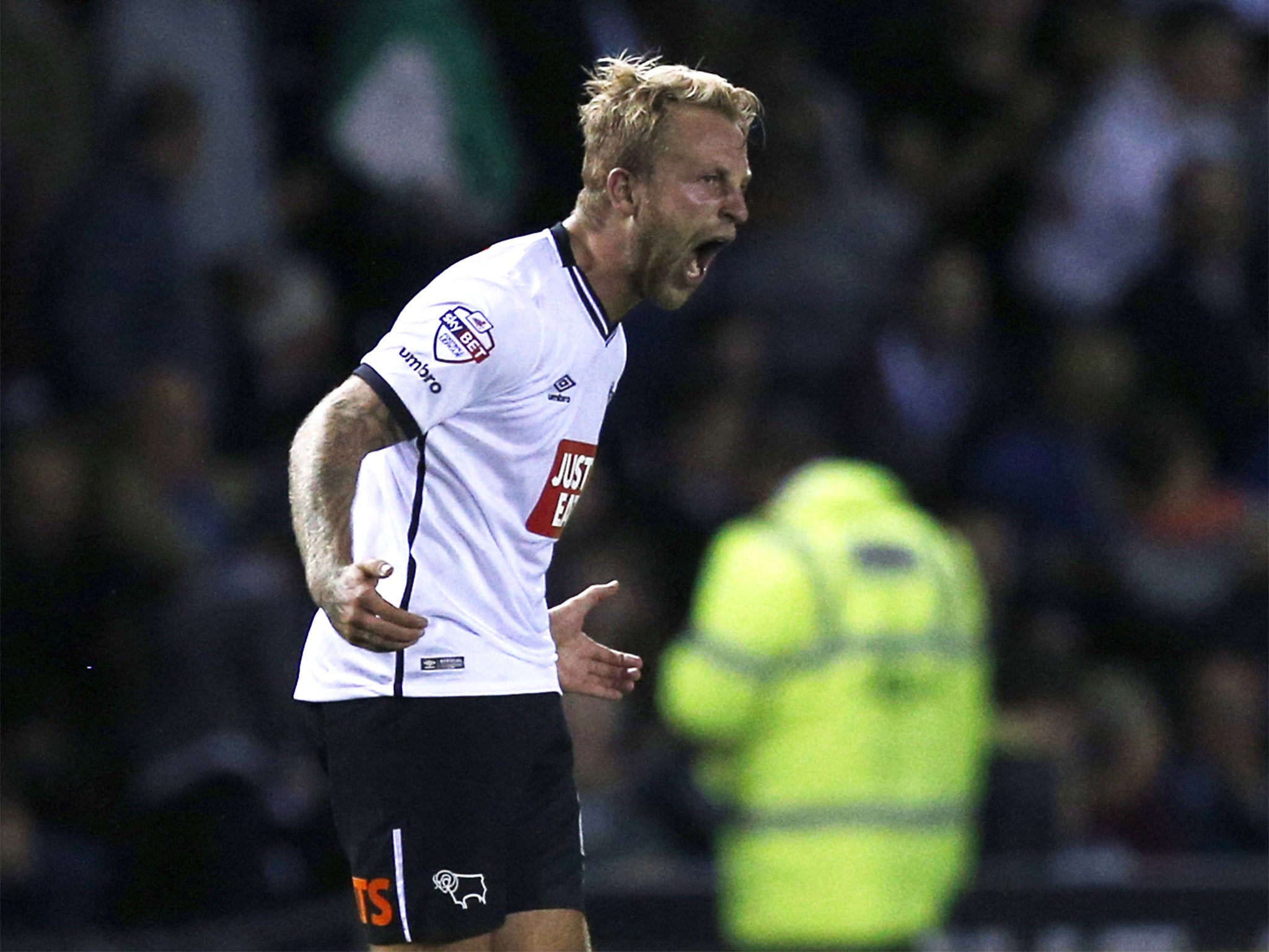 Johnny Russell celebrates scoring Derby’s 88th-minute equaliser at the iPro Stadium