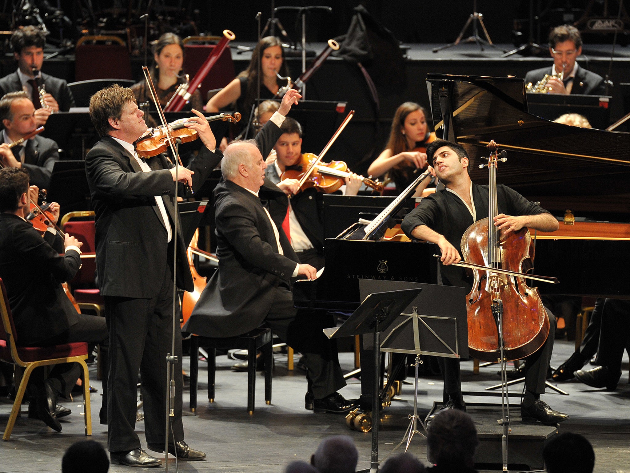 Violinist Guy Braunstein, Daniel Barenboim at the piano, and cellist Kian Soltani perform Beethoven’s Triple Concerto at the BBC Proms 2015