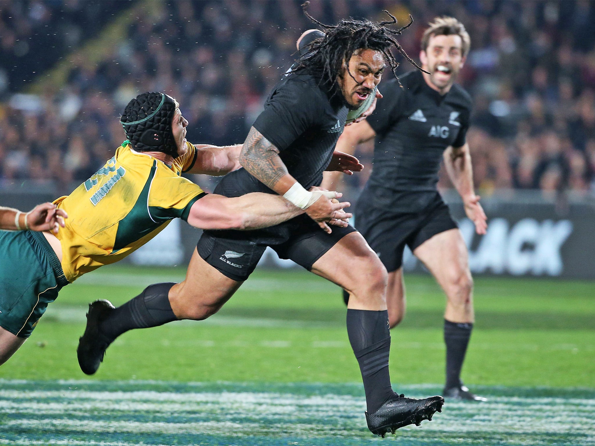 Ma’a Nonu scoring one of his two tries in the thrashing of Australia in Auckland last Saturday (Getty)