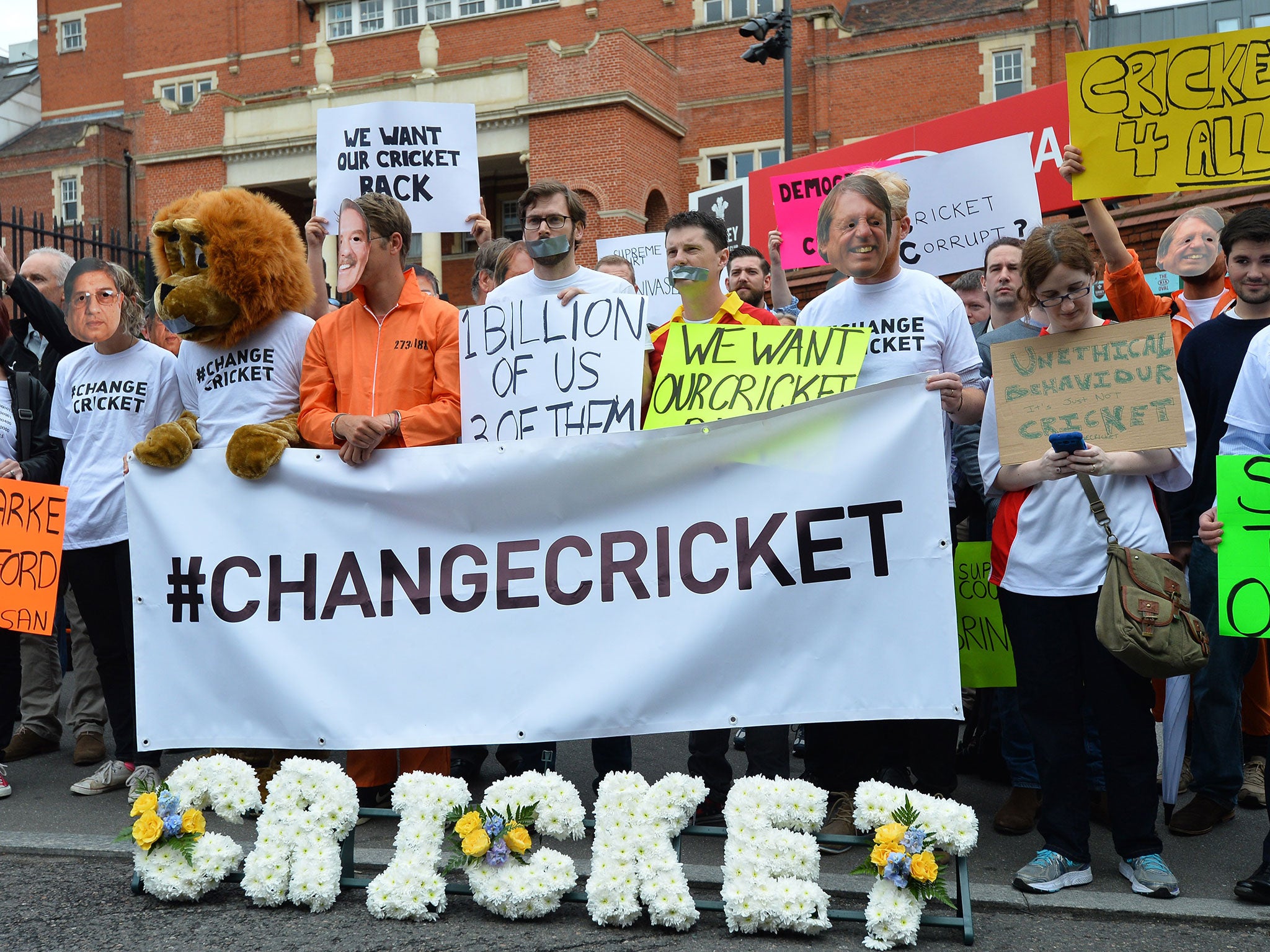 Protesters outside The Oval on day one of the Fifth Ashes Test