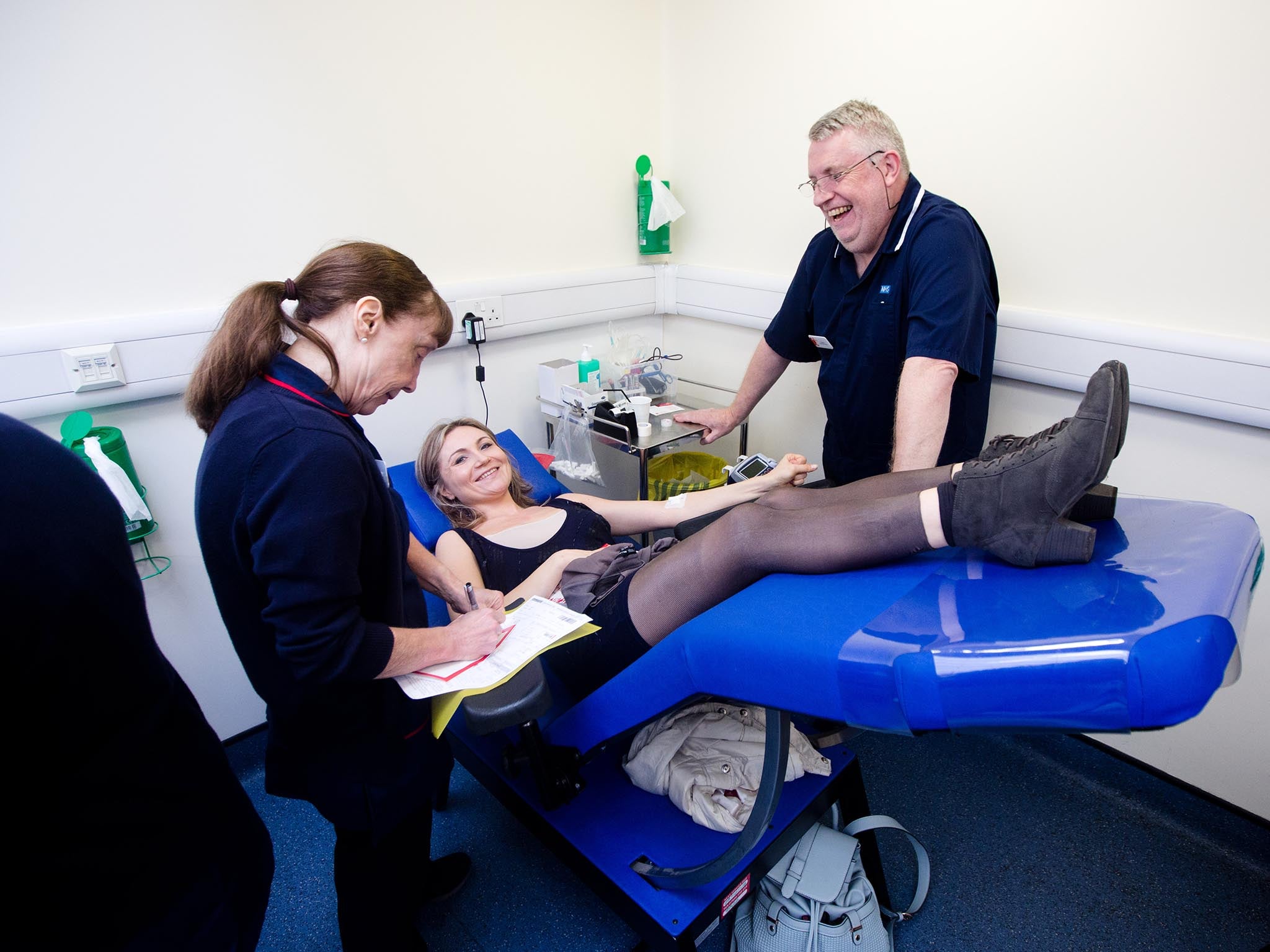 Sylwia Jones gives blood at the West End Donor Centre in Margaret Street. Some Polish people living in the UK have today given blood as a symbolic gesture to show how much the UK relies on them.