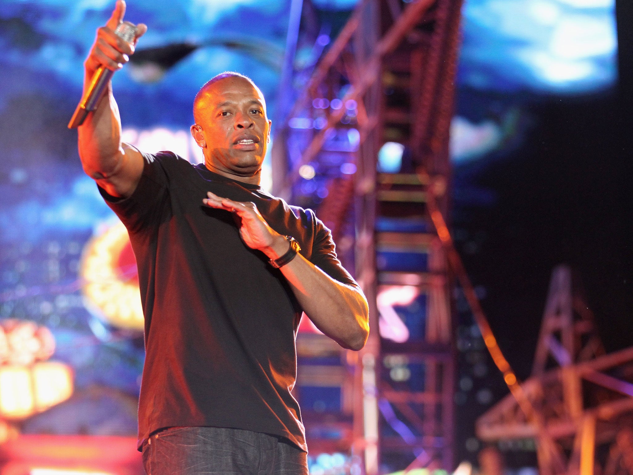 Rapper Dr. Dre performs onstage during day 3 of the 2012 Coachella Valley Music & Arts Festival