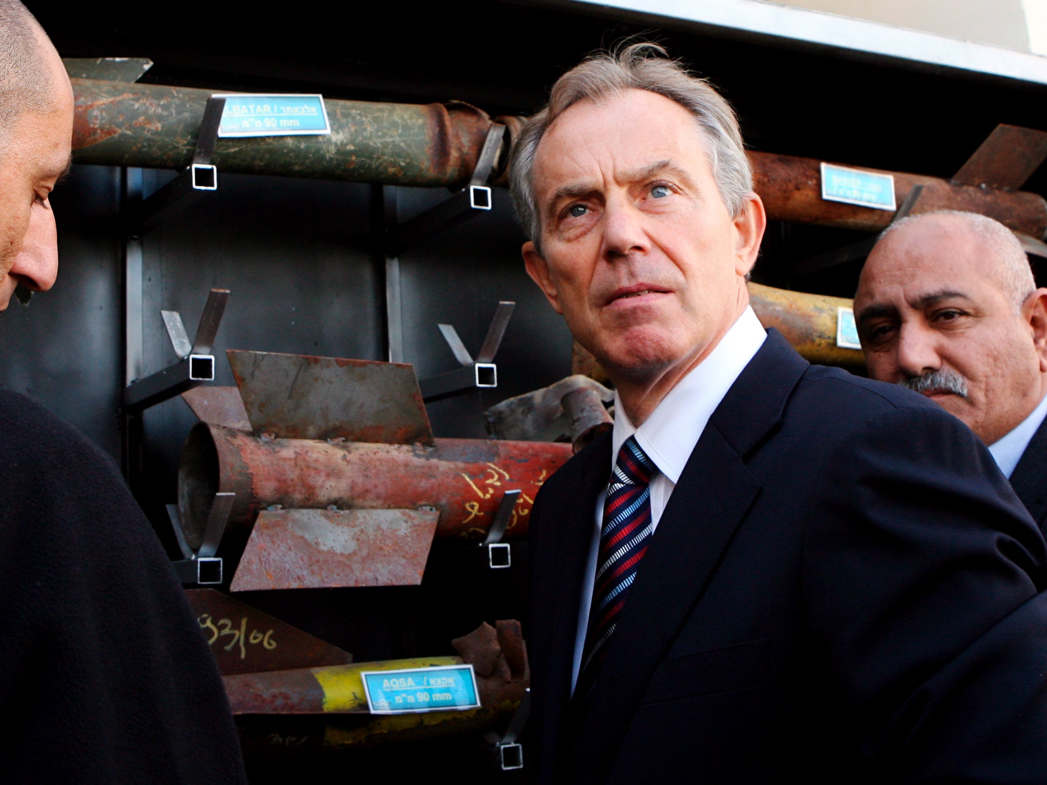 Tony Blair looks at exploded rockets on display in the Israeli town of Sderot in 2009 after his first visit to Gaza. The former Prime Minister has met Hamas representatives in the past three months