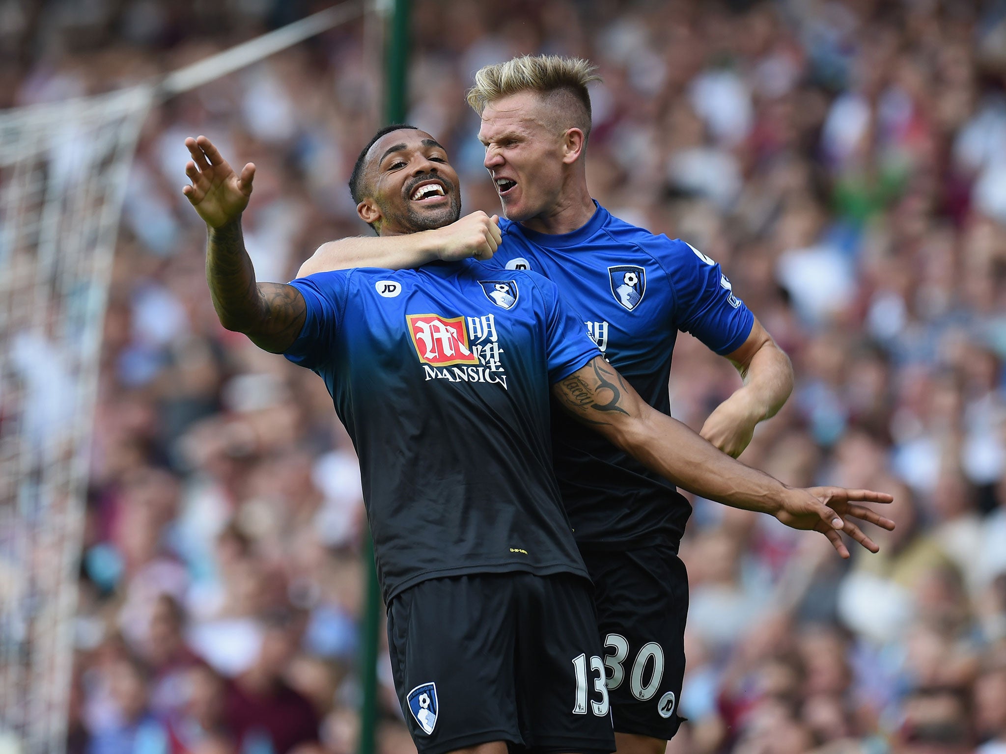 Callum Wilson celebrates scoring his first ever goal in the Premier League