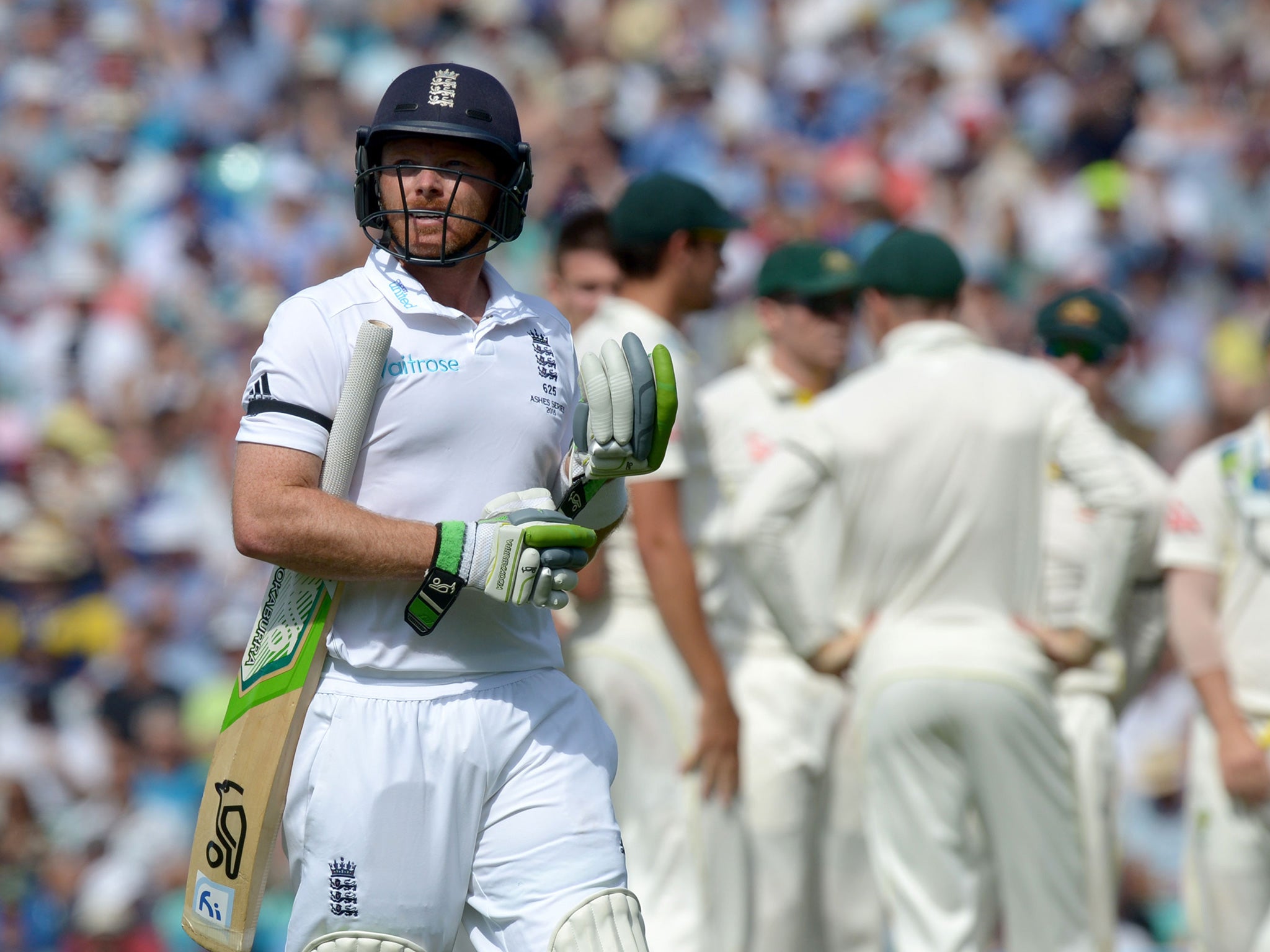 Ian Bell leaves the field after being dismissed for 13 at the Oval yesterday