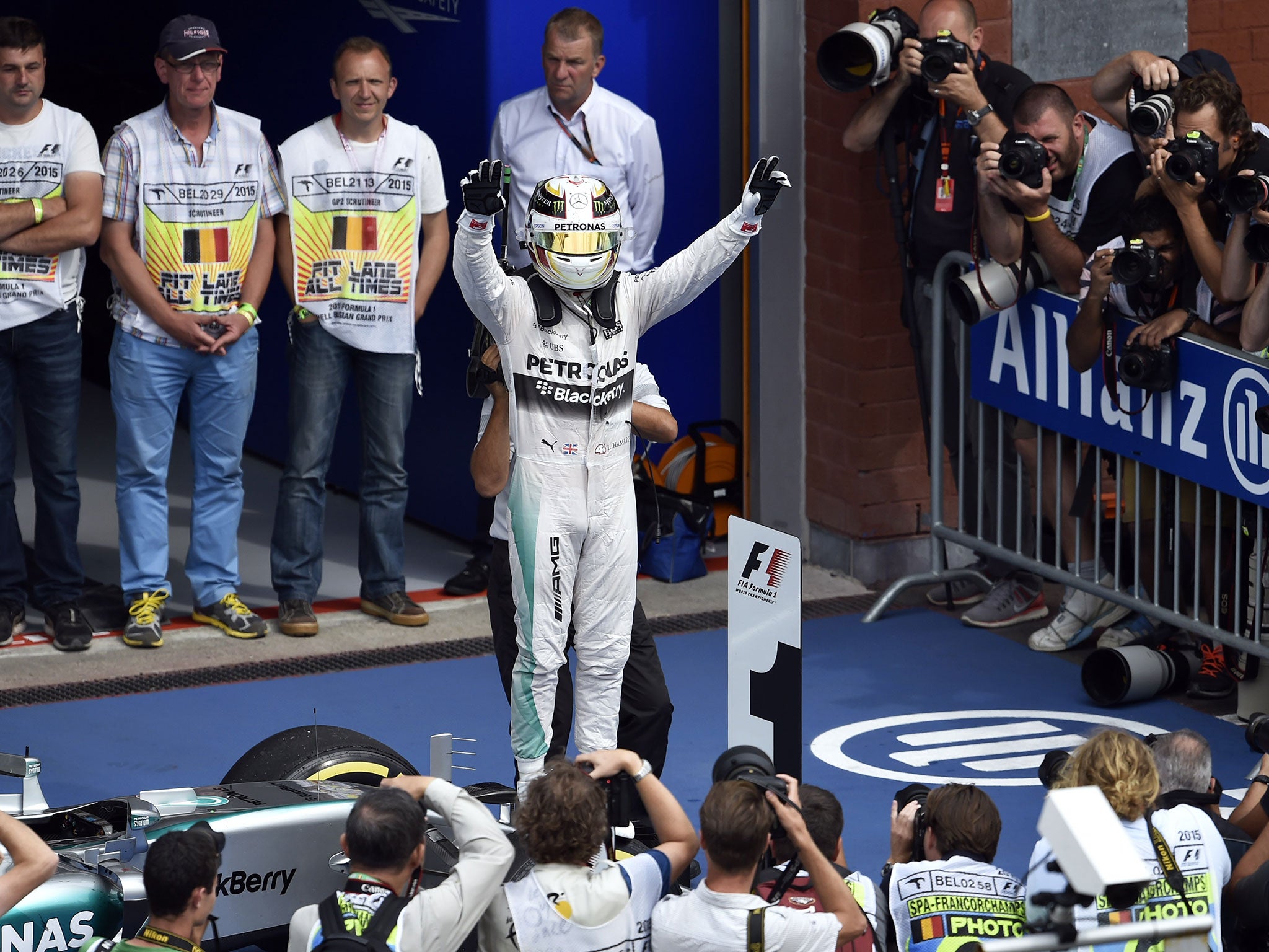 Lewis Hamilton celebrates winning the Belgium Grand Prix