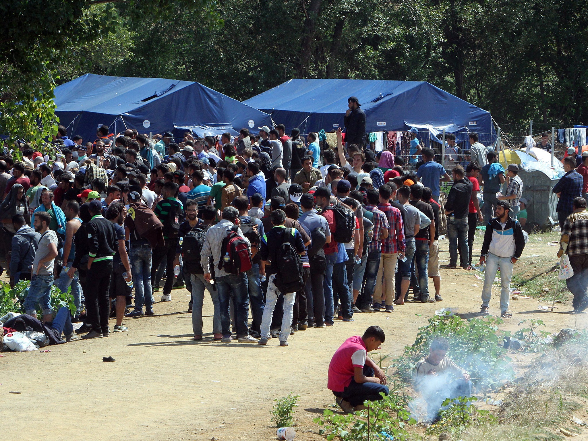 Migrants from Syria, Iraq and Afghanistan wait to be transported to a temporary center for refugees