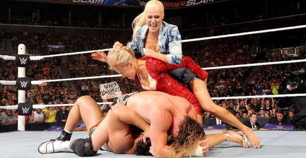 Lana and Summer Rae fight on top of Rusev and Dolph Ziggler
