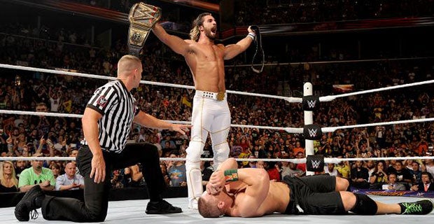 Seth Rollins celebrates victory over John Cena