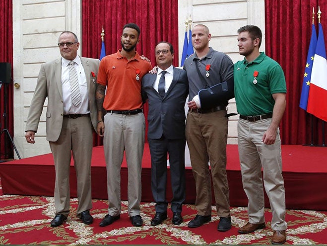 Chris Norman, Anthony Sadler, Francois Hollande, Spencer Stone and Alek Skarlatos