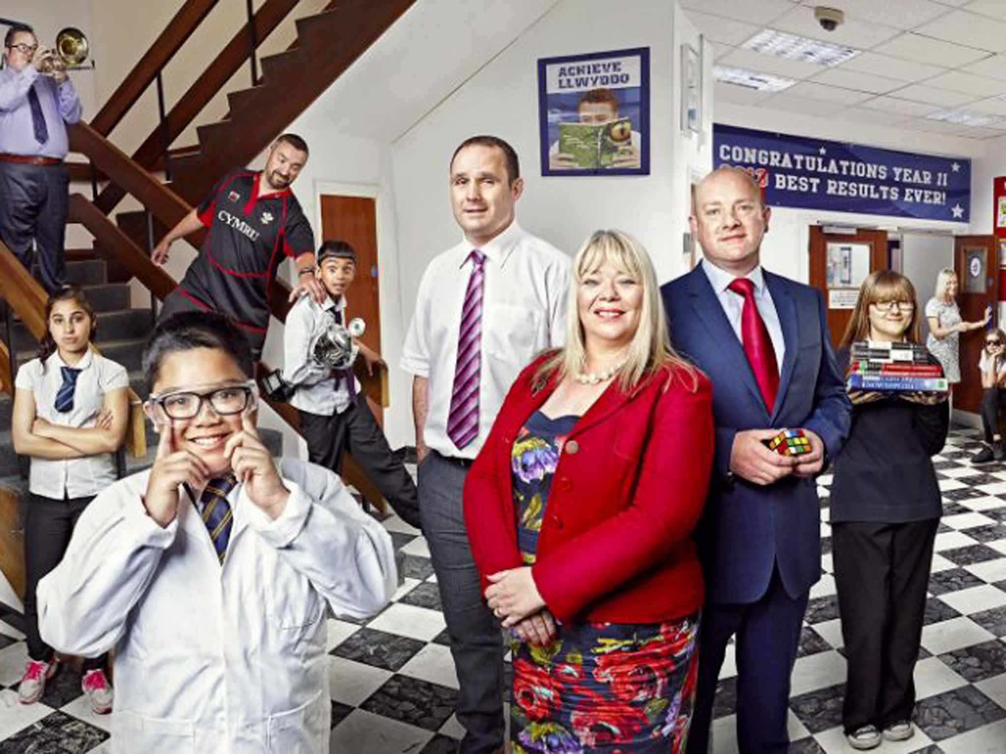 Term limits: Mrs Ballard (right), staff and pupils in 'Educating Cardiff'