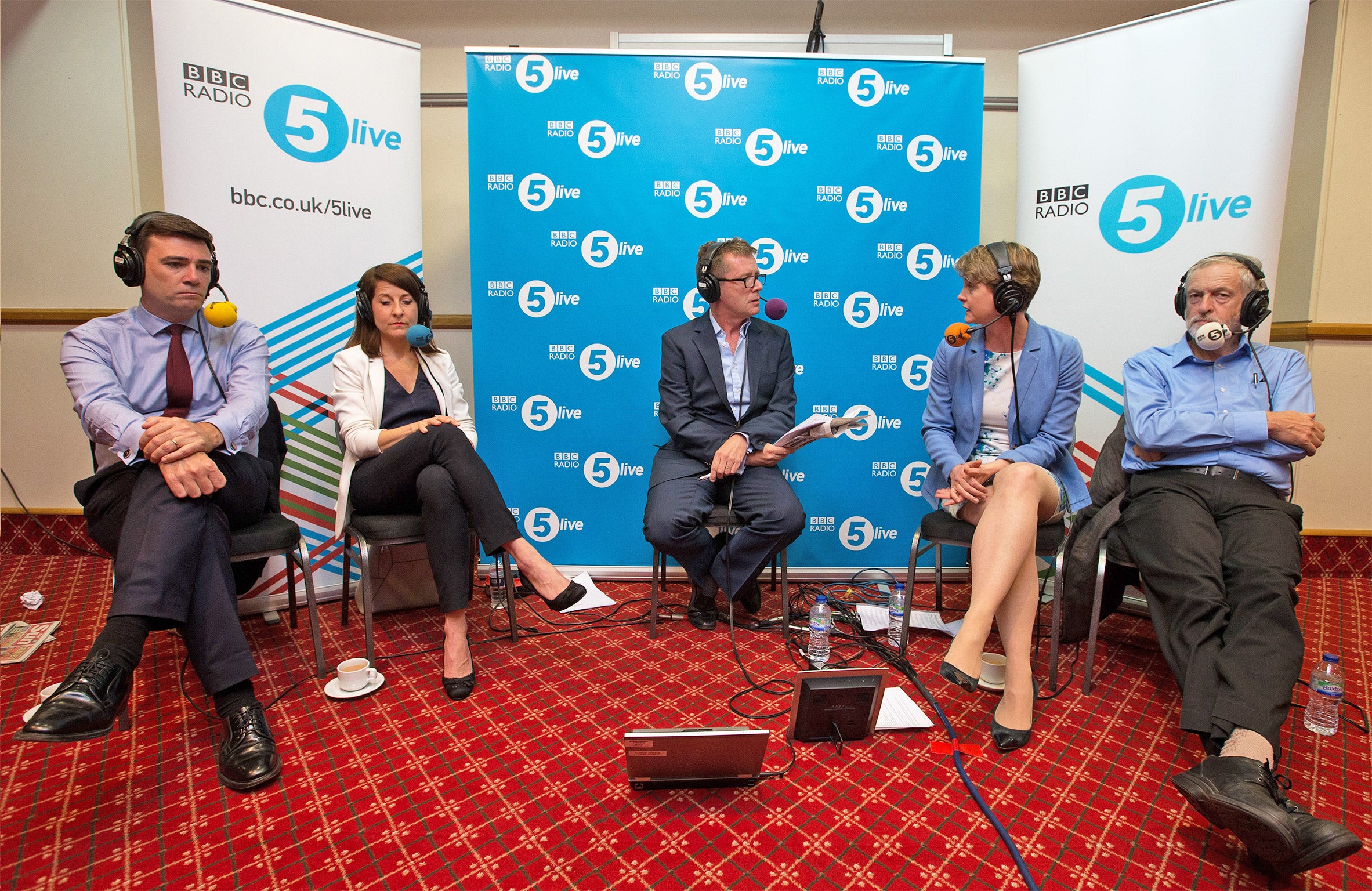 Andy Burnham, Liz Kendall, Yvette Cooper and Jeremy Corbyn take part in a radio hustings hosted by Nicky Campbell in Stevenage (Getty)